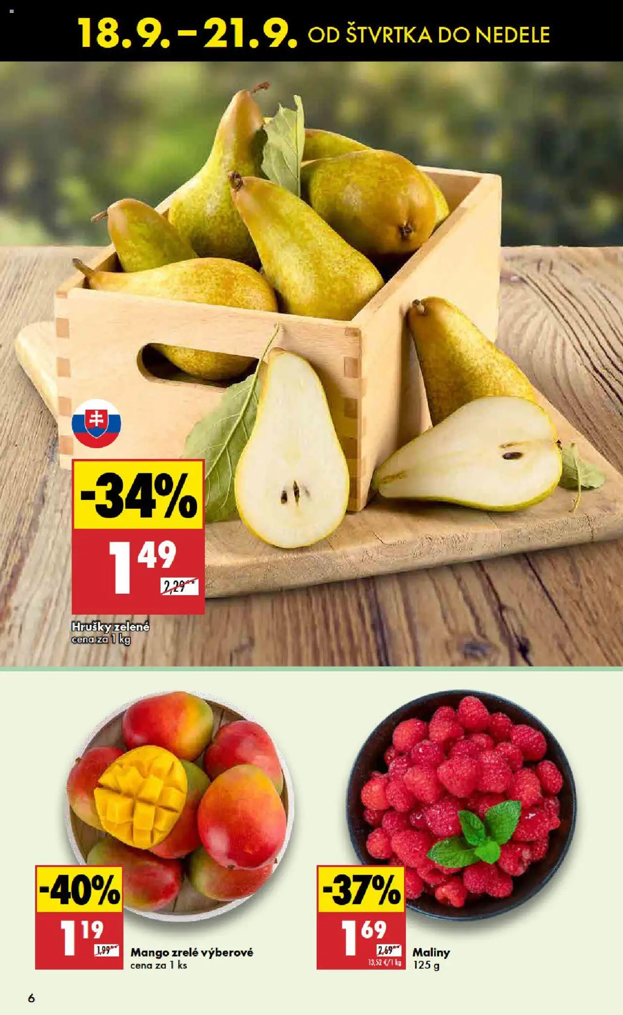 Nové Biedronka akcie – leták je platný od 18.09.2025 | Strana: 6 | Produkty: Mango, Hrušky, Maliny