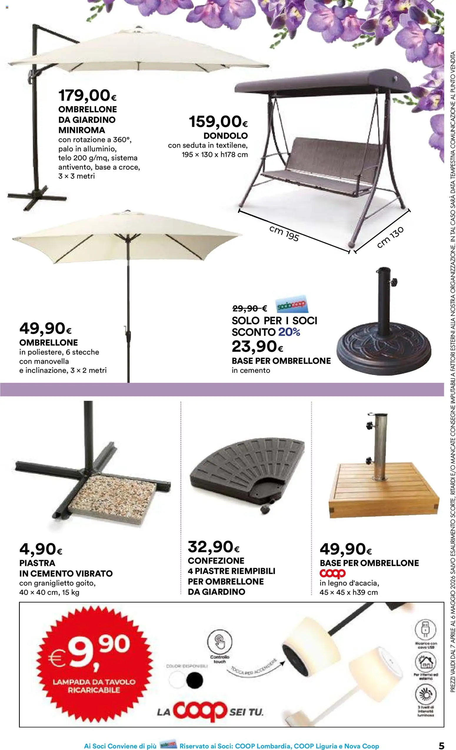 Volantino Ipercoop del 07.04.2026 | Pagina: 5 | Prodotti: Ombrellone, Data, Tavolo, Lampada