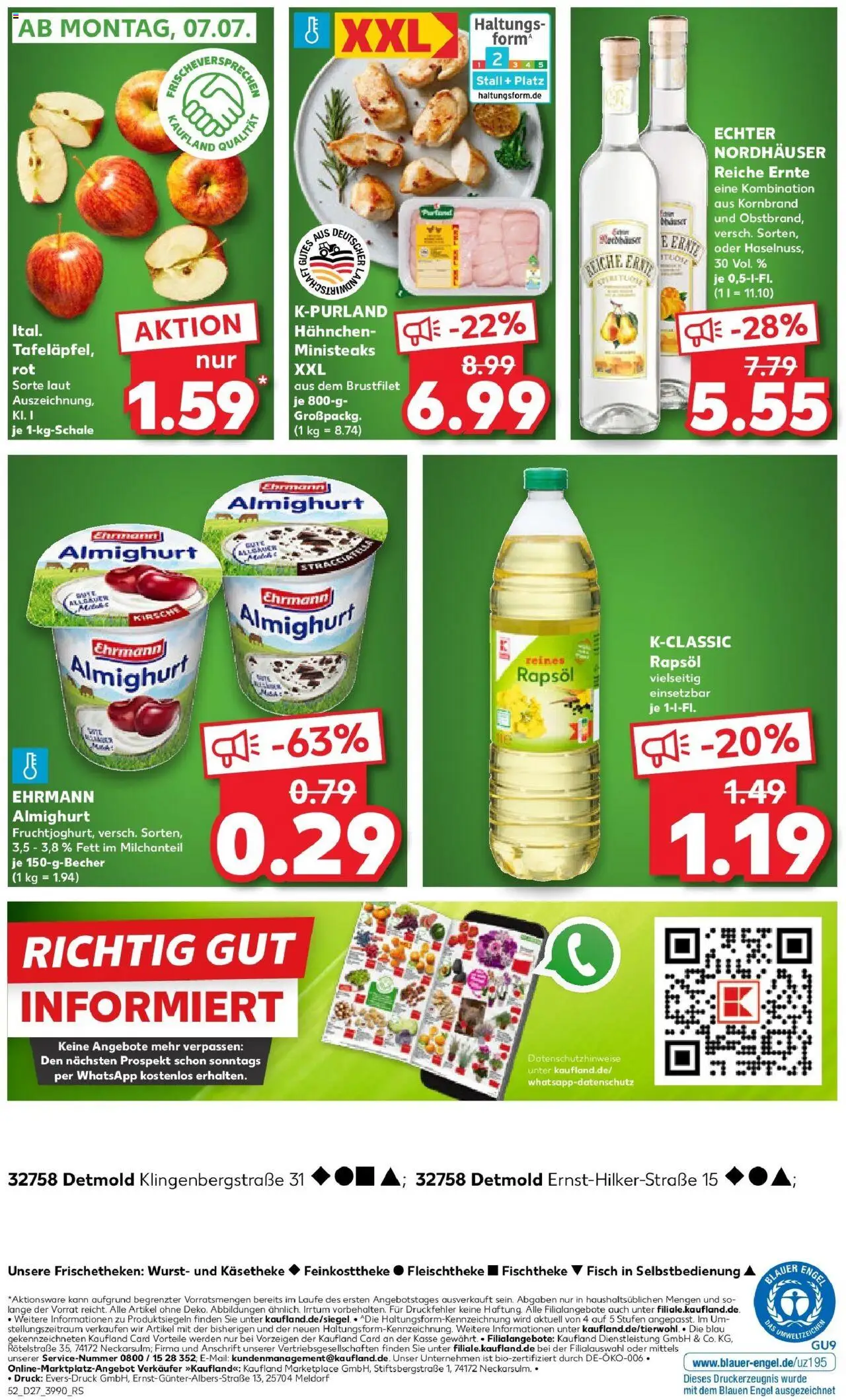 Kaufland prospekt Detmold	 - gültig ab dem 03.07.2025 | Seite: 52 | Produkte: Hahnchen, Ehrmann almighurt, Rapsöl, Wurst