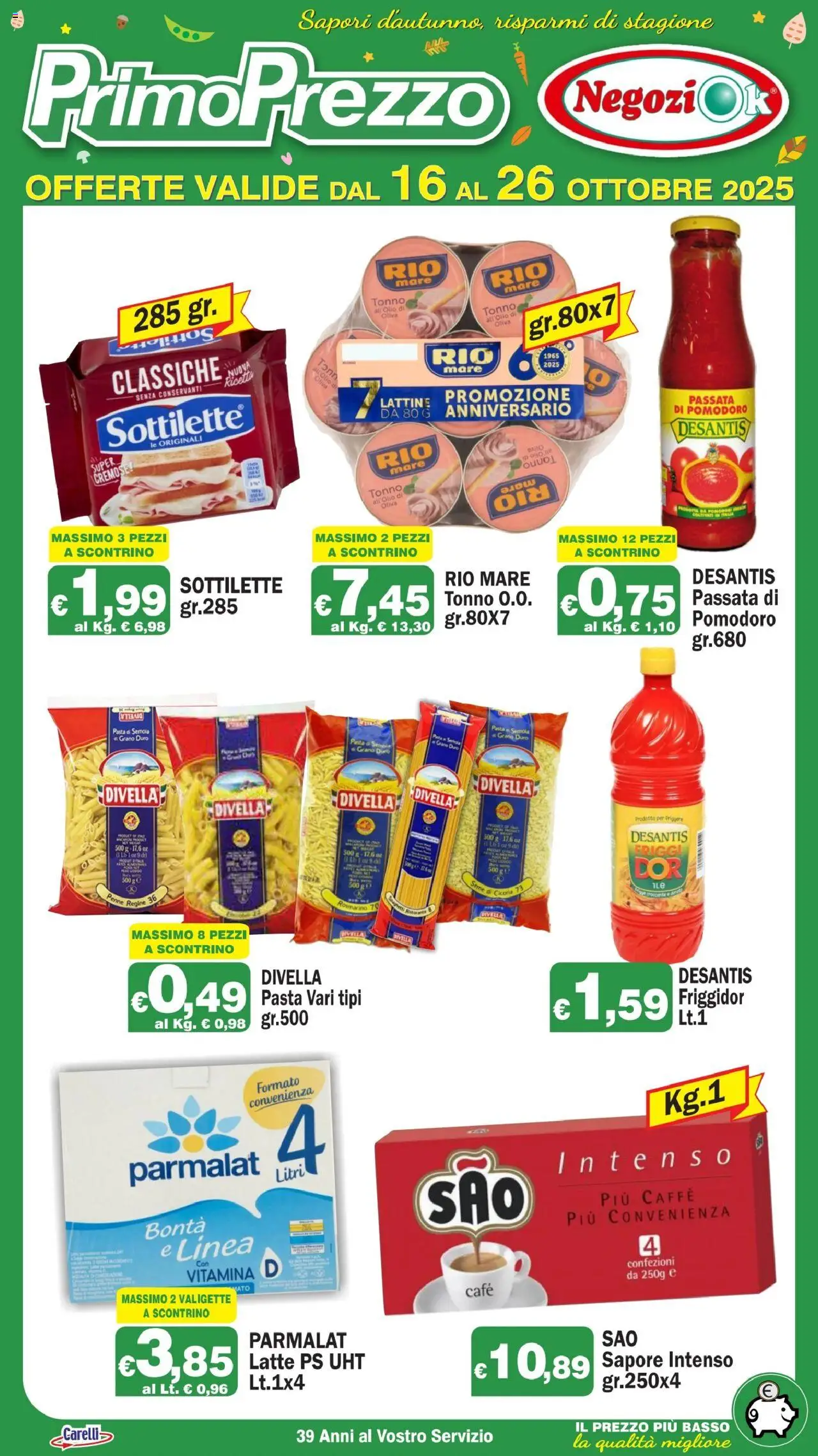Volantino Primo Prezzo del 16.10.2025 | Pagina: 1 | Prodotti: Pomodoro, Pasta, Passata di pomodoro, Tonno