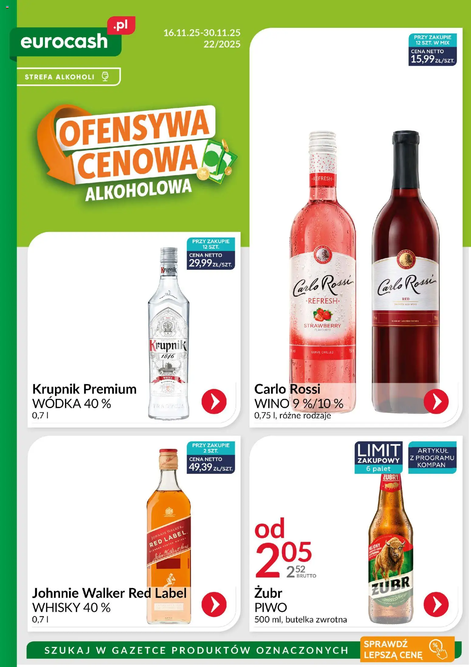 Eurocash Gazetka - Ofensywa Cenowa Alkoholowa od 16.11.2025 | Strona: 1 | Produkty: Piwo, Wódka, Whisky, Carlo Rossi