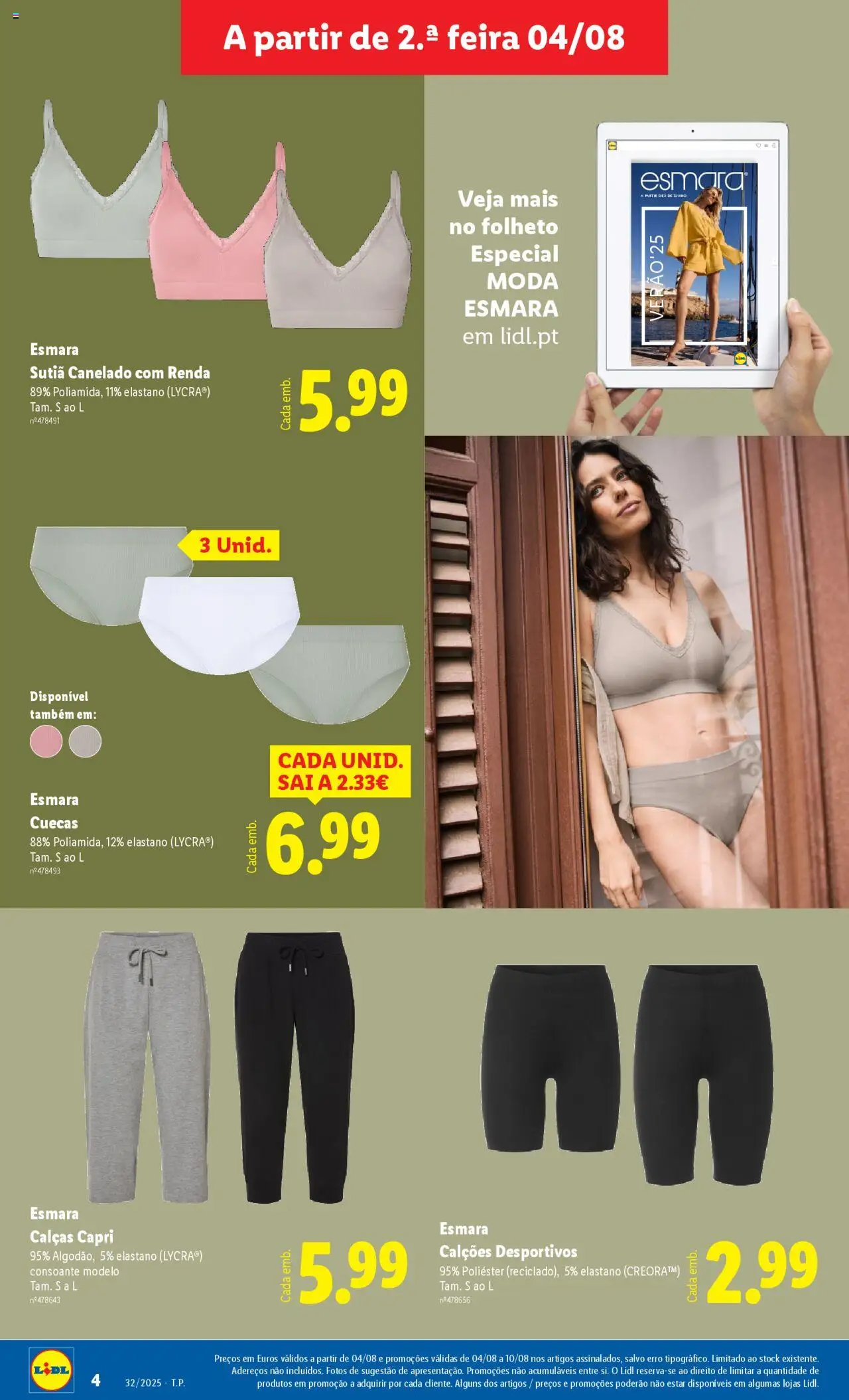 Lidl Novidades │ válido de 04.08.2025 | Página: 4 | Produtos: Calças, Calções, Sutiã, Cuecas