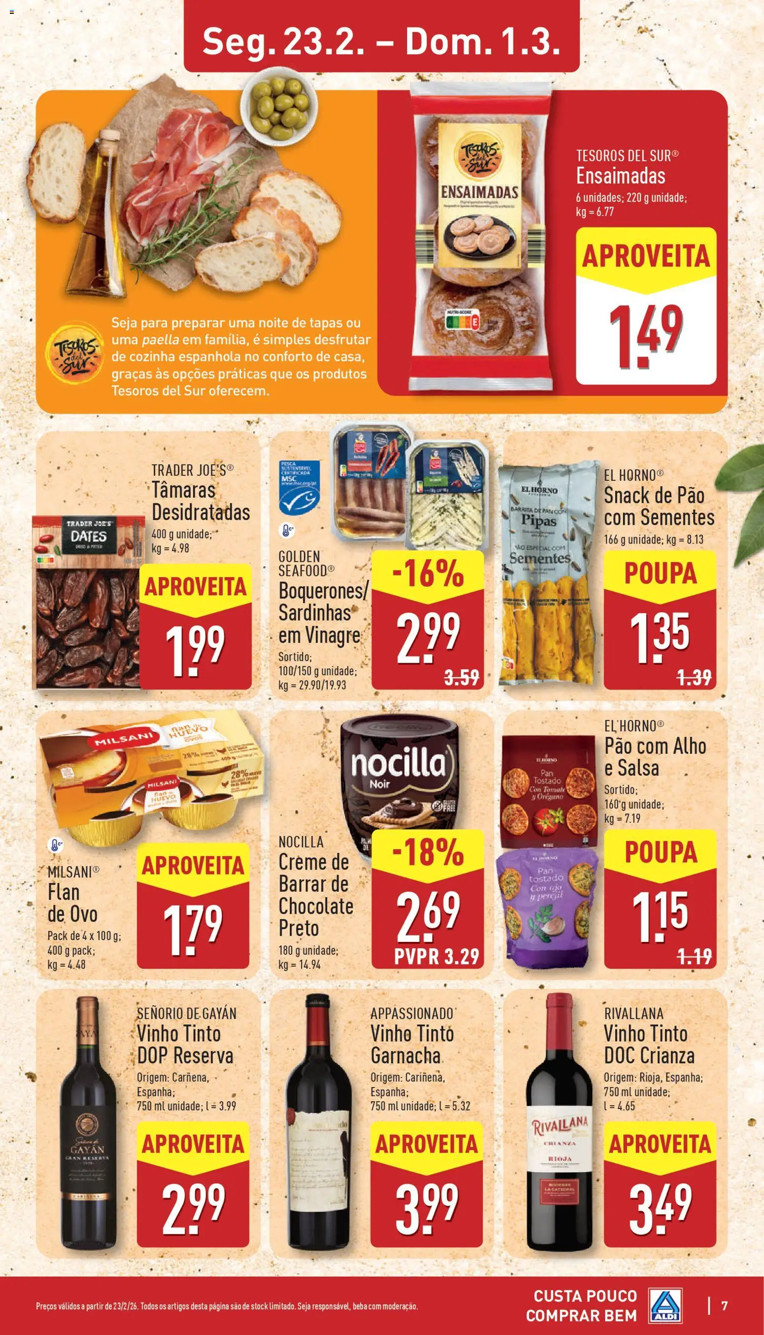 Aldi folheto │ válido de 23.02.2026 | Página: 7 | Produtos: Pão, Tâmaras, Chocolate, Vinho tinto