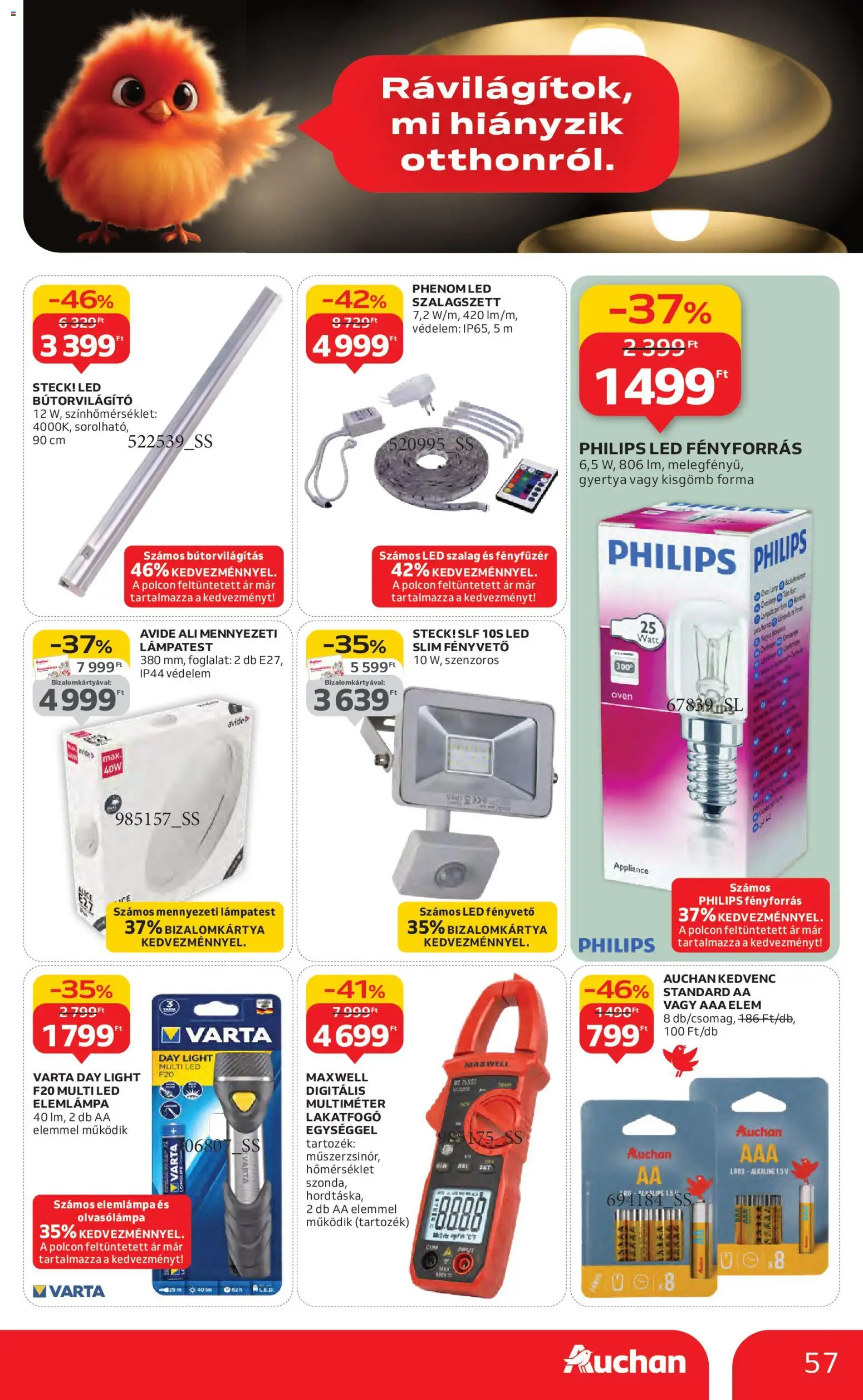 Auchan akciós ujság - amely érvényes a következő dátumtól: 06.11.2025 | Oldal: 57 | Termékek: Fényfüzér, Led szalag, Foglalat, Gyertya