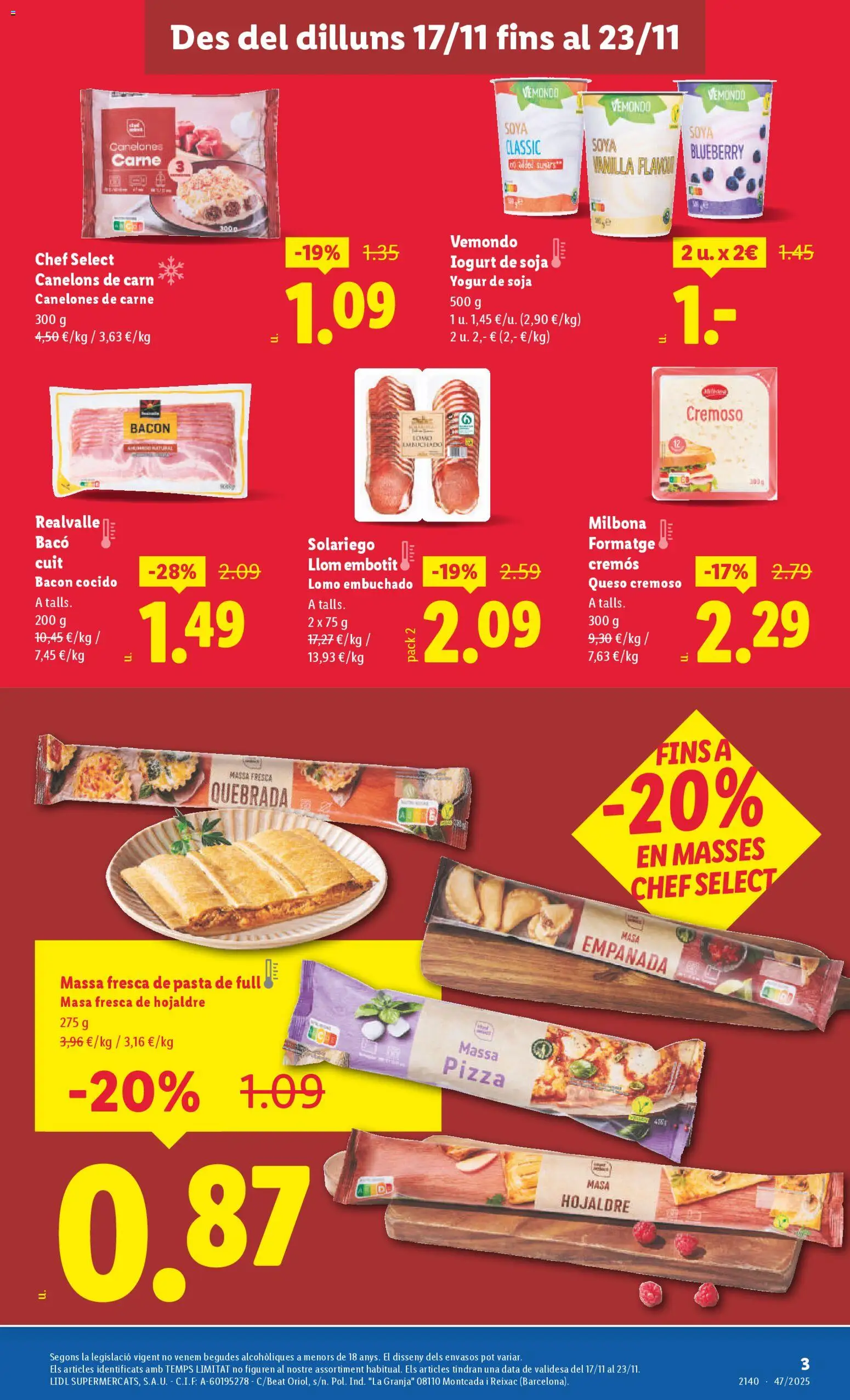 Lidl - L'Hospitalet de Llobregat │ válido desde el 17.11.2025 | Página: 3 | Productos: Queso, Yogur, Pizza, Pasta