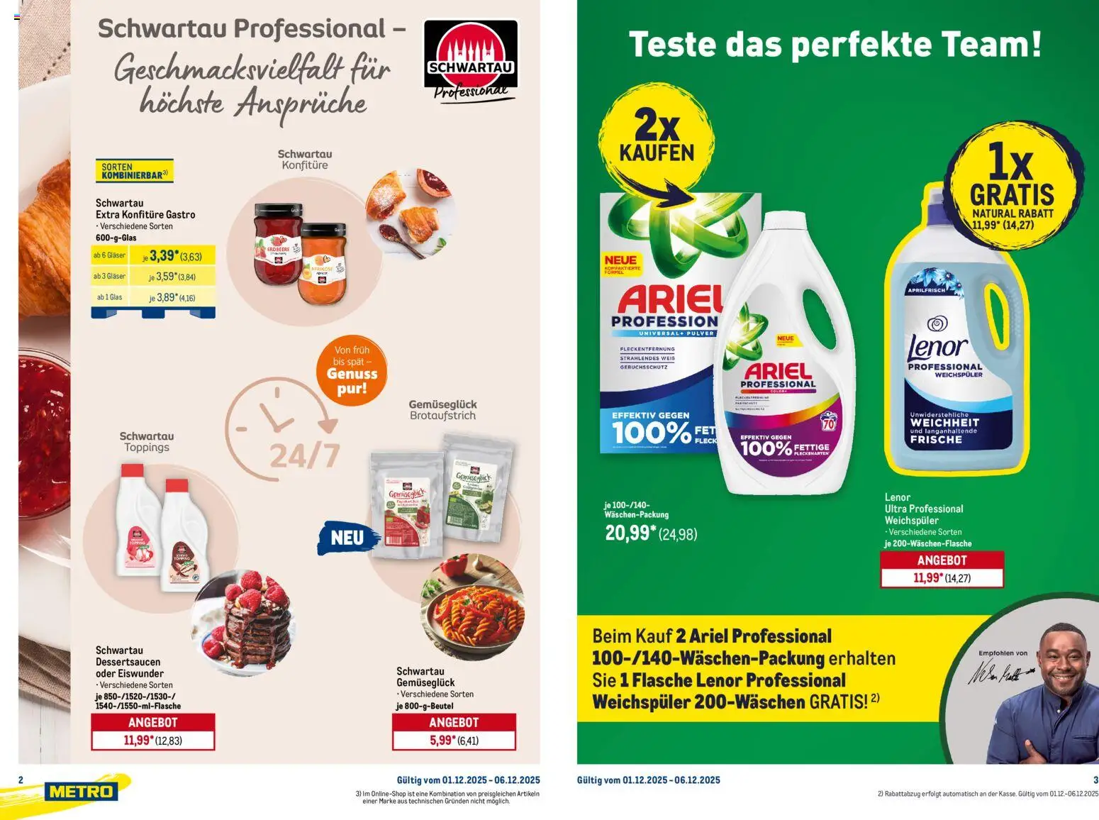 Metro Starke Marken Profis – gültig ab 01.12.2025 | Seite: 2 | Produkte: Lenor, Ariel, Weichspüler, Schwartau extra