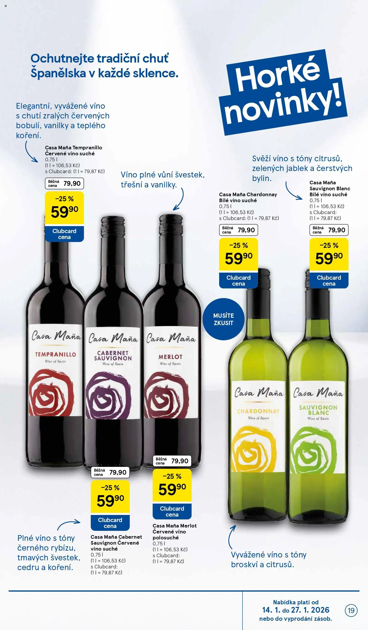 Tesco leták - Hypermarket od 14.01.2026 | Strana: 19 | Produkty: Víno, Merlot, Červené víno, Cabernet Sauvignon