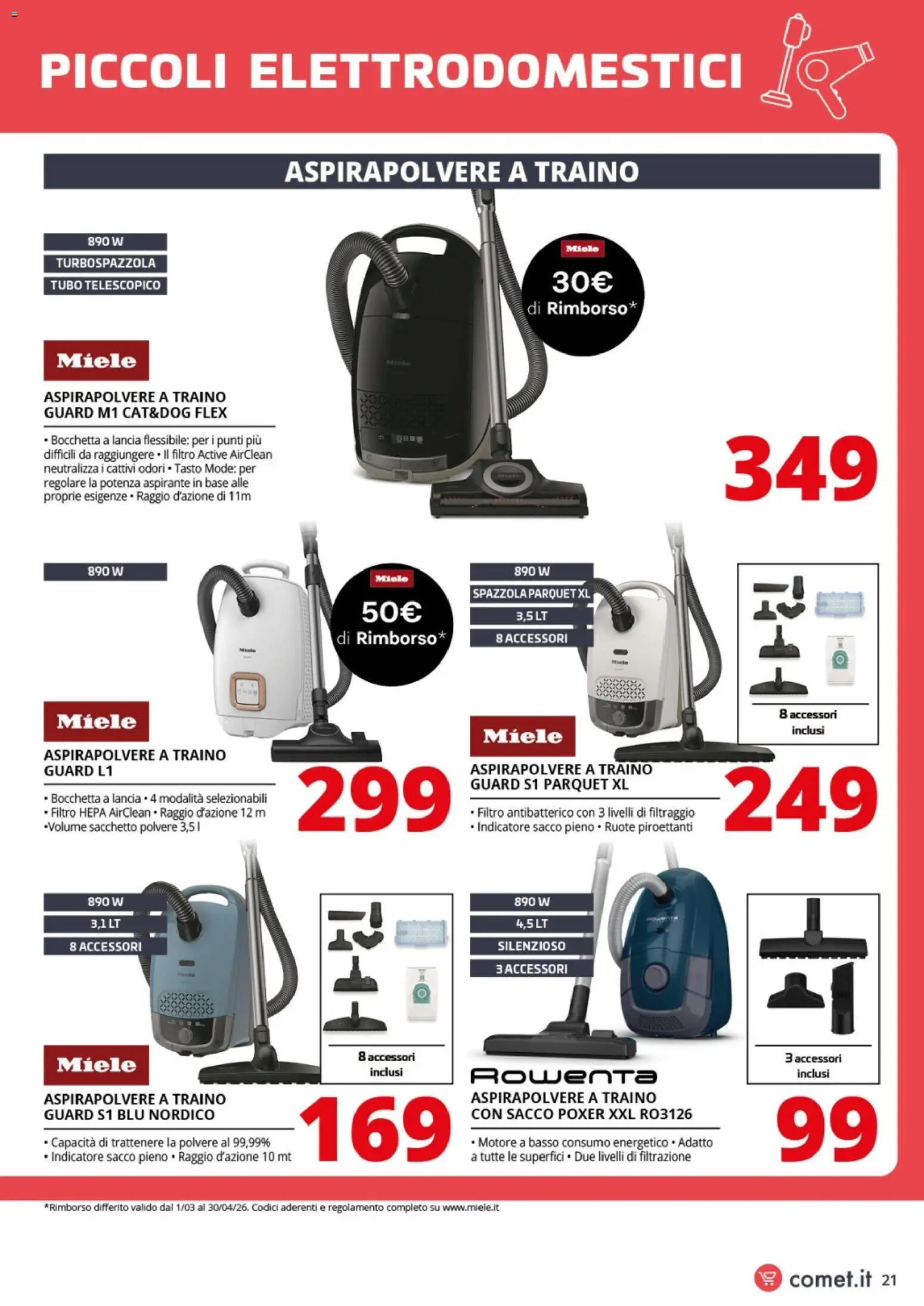 Volantino Comet del 20.03.2026 | Pagina: 21 | Prodotti: Spazzola, Tubo, Aspirapolvere, Miele