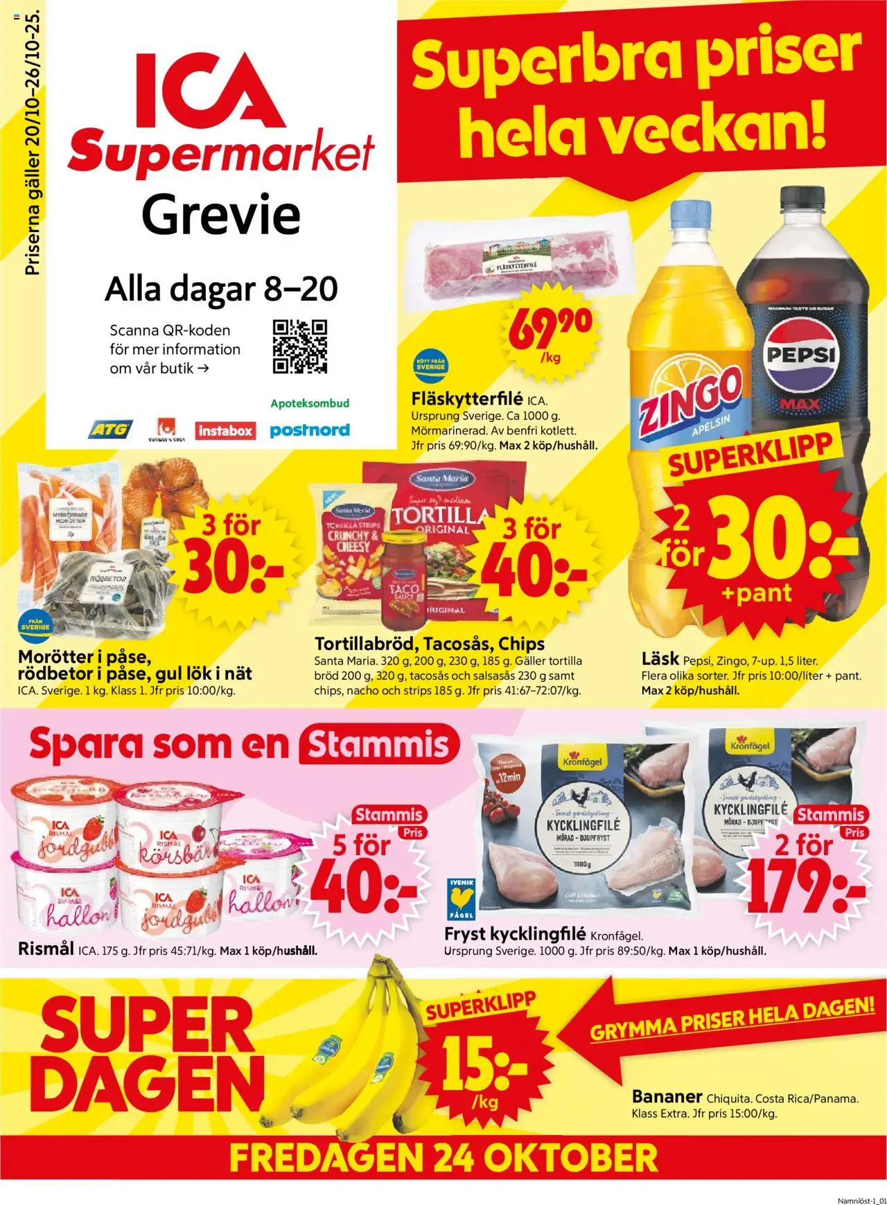 ICA Supermarket reklamblad aktuell från 20.10.2025 | Sida: 1 | Produkter: Tortilla, Fläskytterfilé, Gul lök, Körsbär