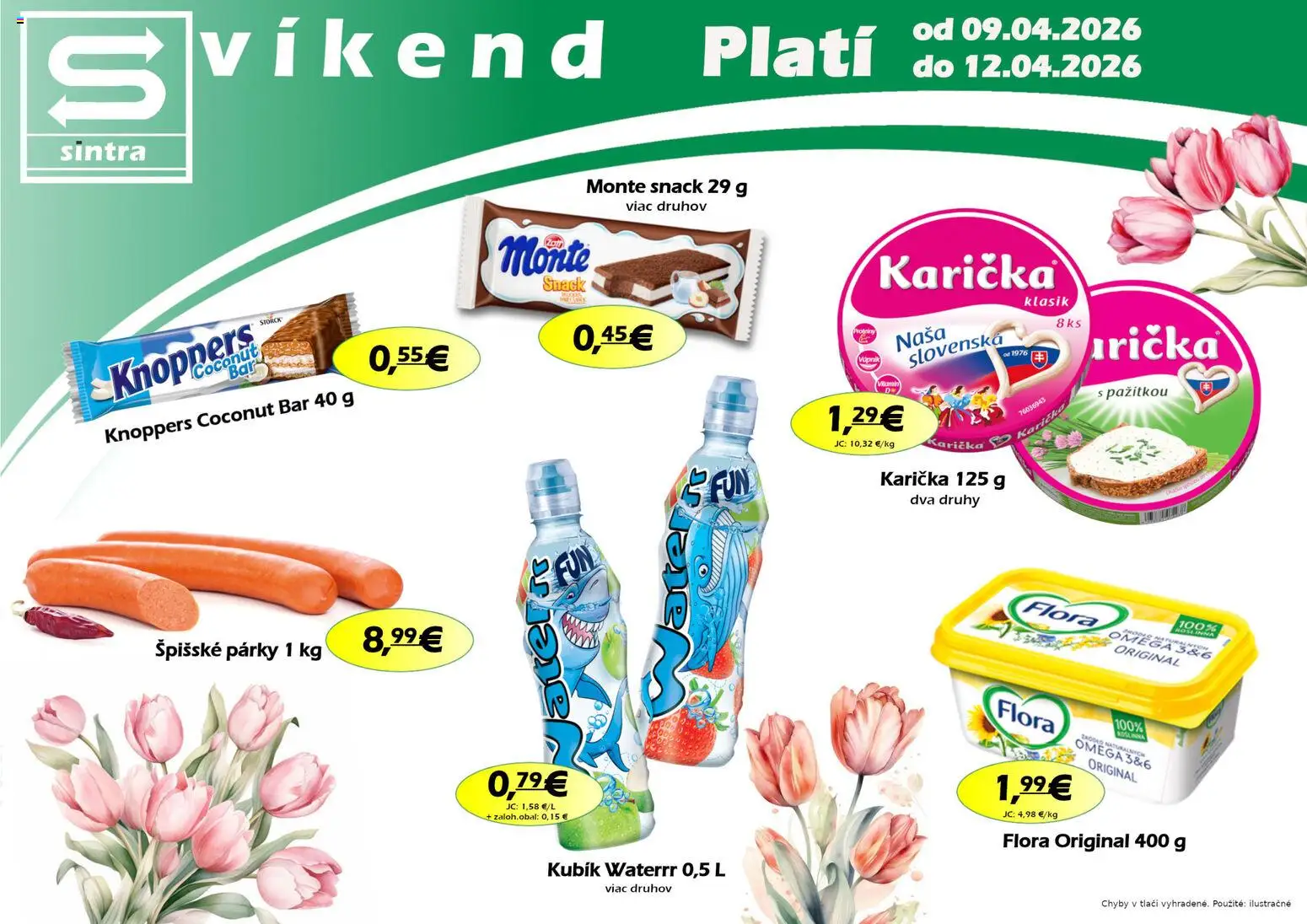 Nové Sintra akcie – leták je platný od 09.04.2026 | Strana: 1 | Produkty: Párky, Flora