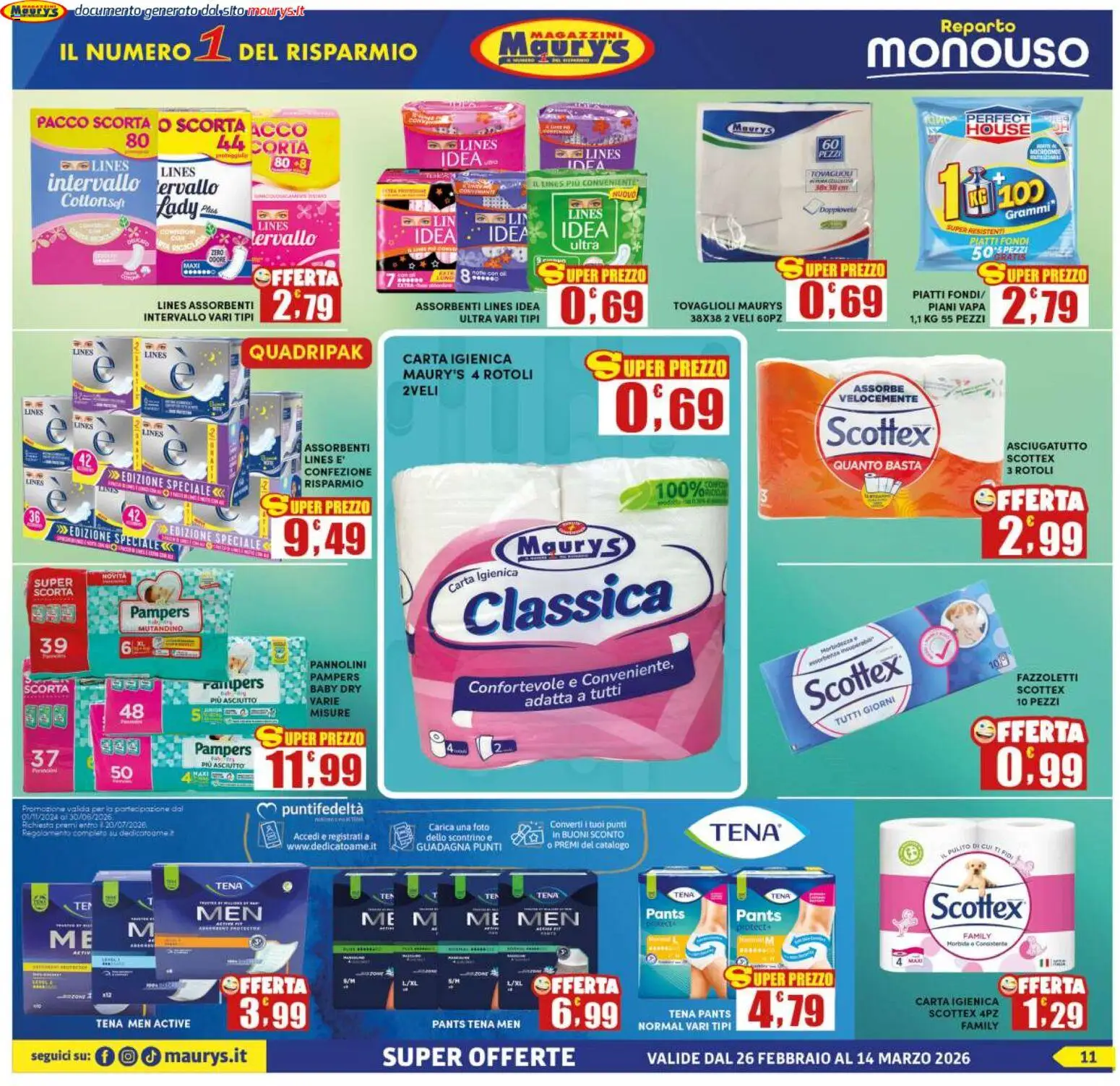 Volantino Maury's del 26.02.2026 | Pagina: 11 | Prodotti: Pannolini, Carta igienica, Pampers, Asciugatutto