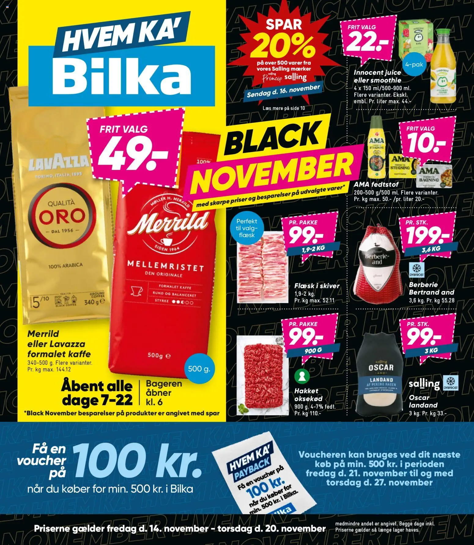 Bilka tilbudsavis – gyldig fra 14.11.2025 | Side: 1 | Produkter: Kaffe, Juice, Oksekød, Smoothie