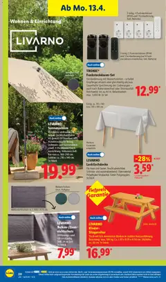 Lidl Prospekt ab 13.04.2026 gültig | Seite: 14 | Produkte: Sitzgarnitur, Tisch, Batterie, Sonnenschirm