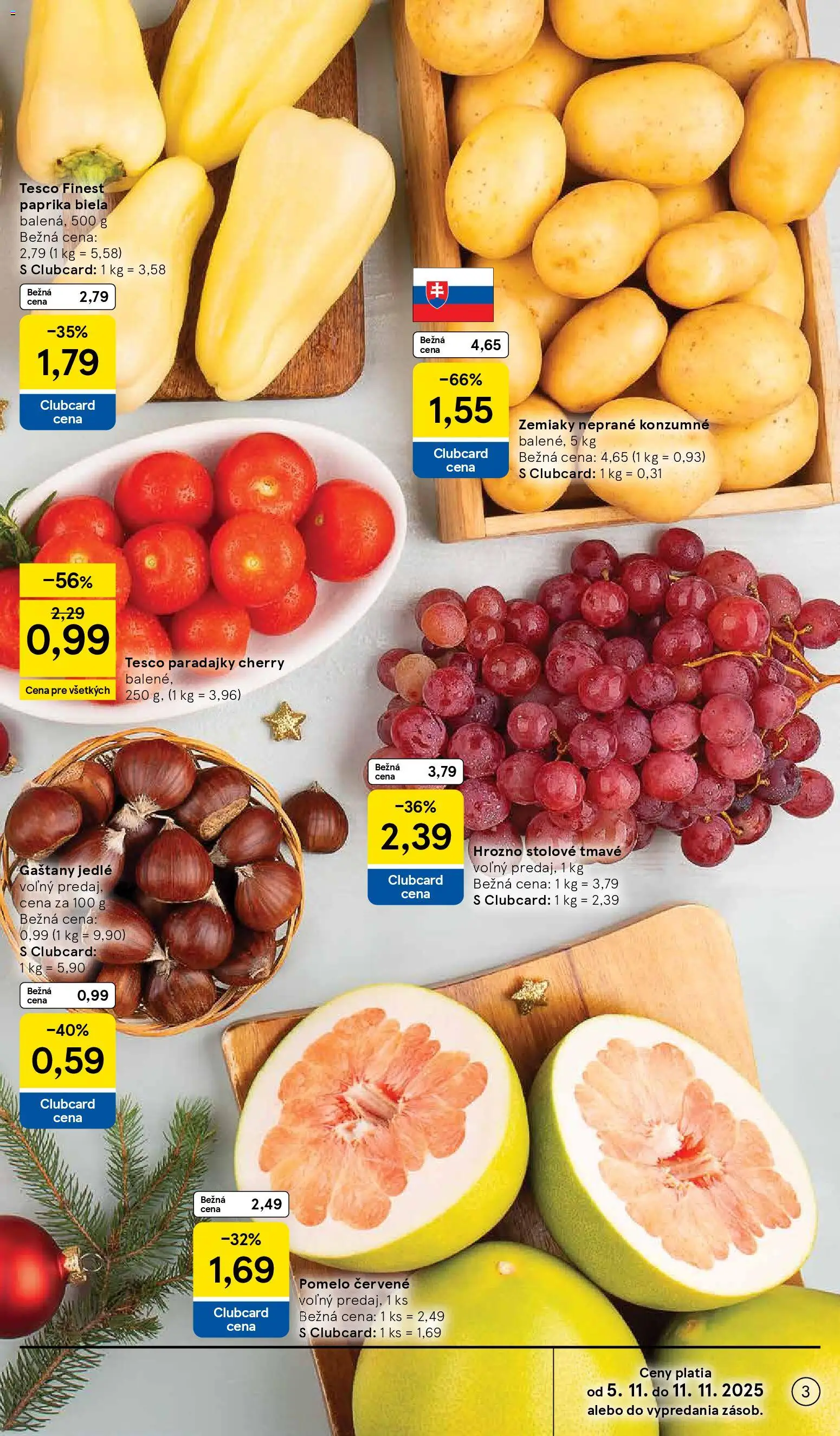 Nové Tesco akcie – leták je platný od 05.11.2025 | Strana: 3 | Produkty: Paprika, Gaštany, Paradajky, Hrozno