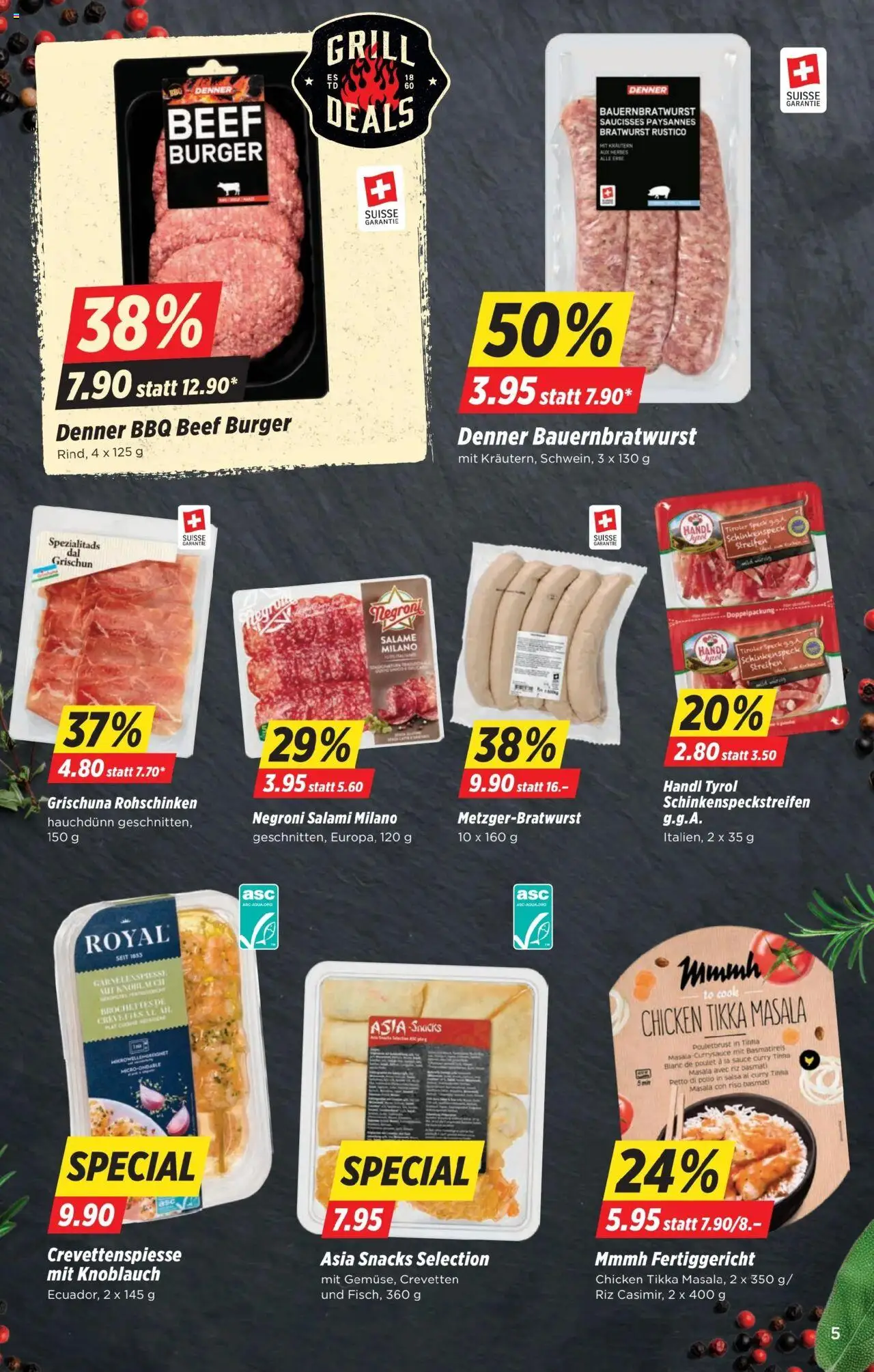 Denner Aktionen ab 27.05.2025 | Seite: 5 | Produkte: Basmatireis, Pouletbrust, Burger, Salami