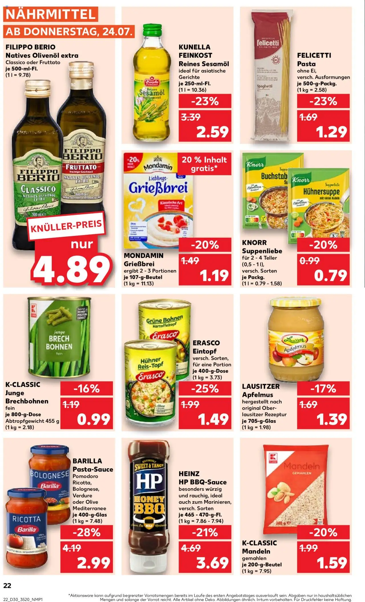 Kaufland Prospekt 	 - gültig ab dem 24.07.2025 | Seite: 22 | Produkte: Barilla, Olivenol, Knorr, Erasco