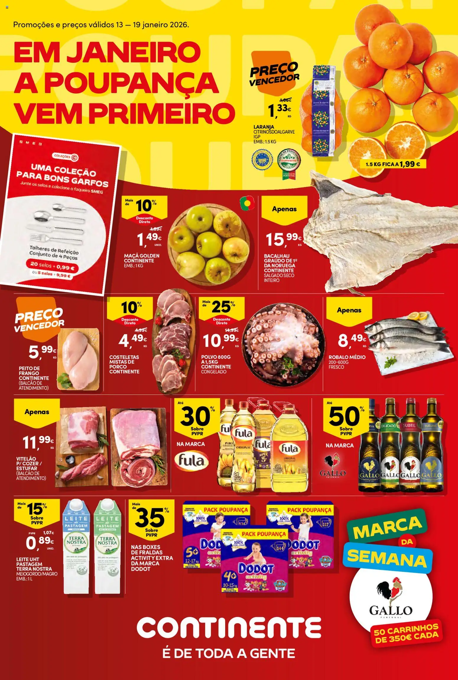 Continente Semanal Continente Bom Dia │ válido de 13.01.2026 | Página: 1 | Produtos: Peito de frango, Fraldas, Leite, Maça