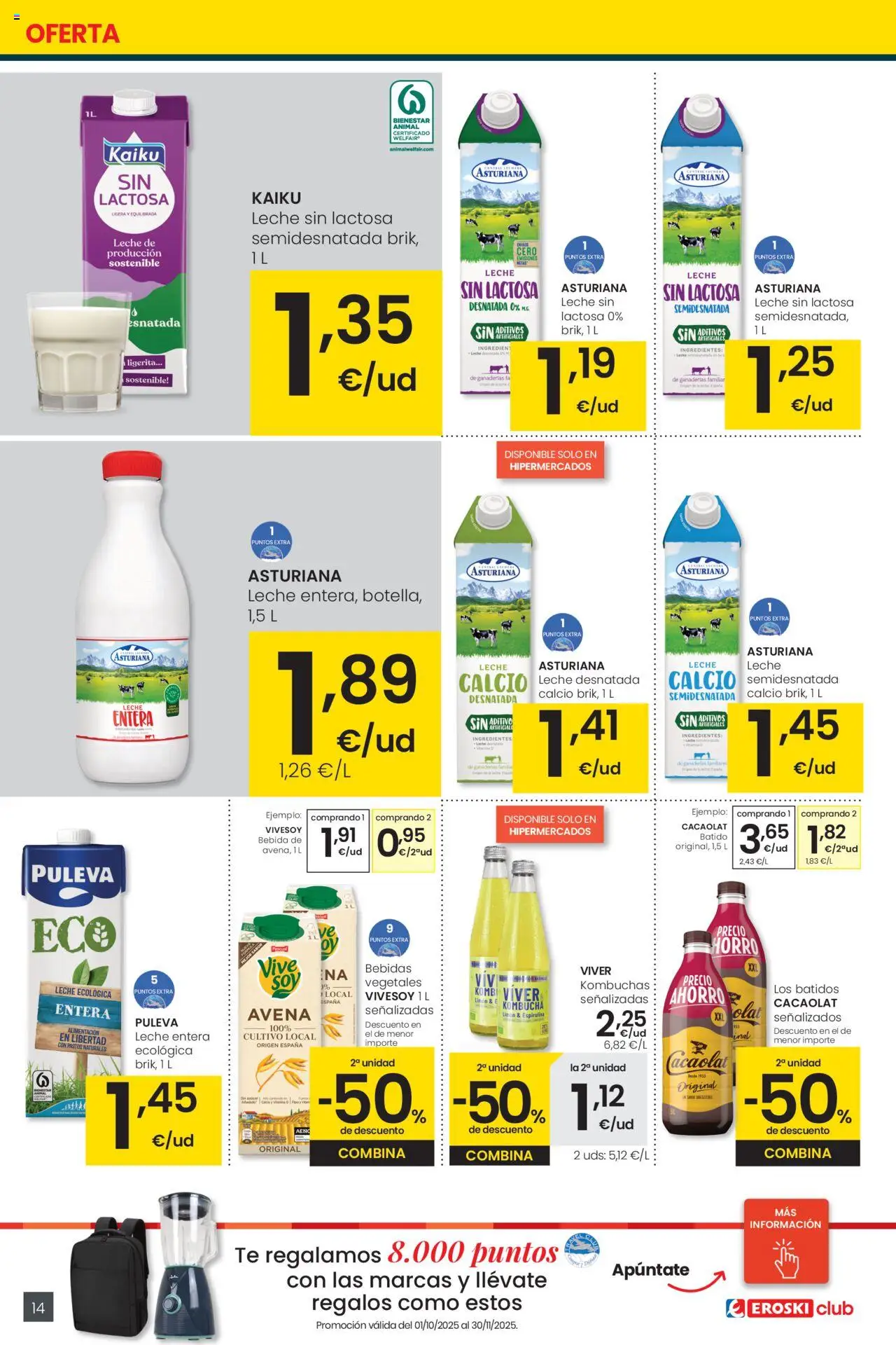 Eroski - Precio más bajo  │ válido desde el 16.10.2025 | Página: 14 | Productos: Leche sin lactosa, Leche entera, Leche, Té