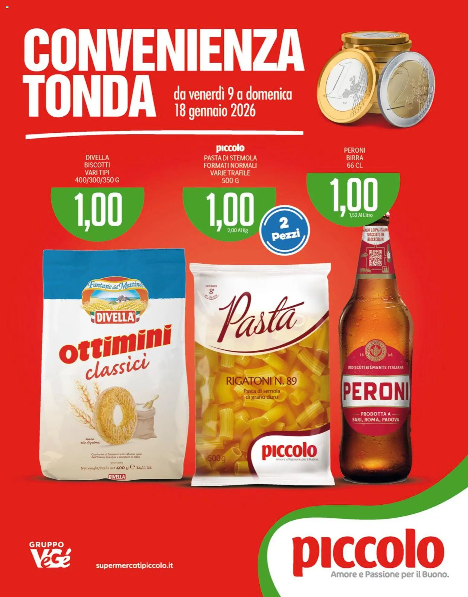 Volantino Piccolo del 09.01.2026 | Pagina: 1 | Prodotti: Birra, Biscotti, Farina, Pasta