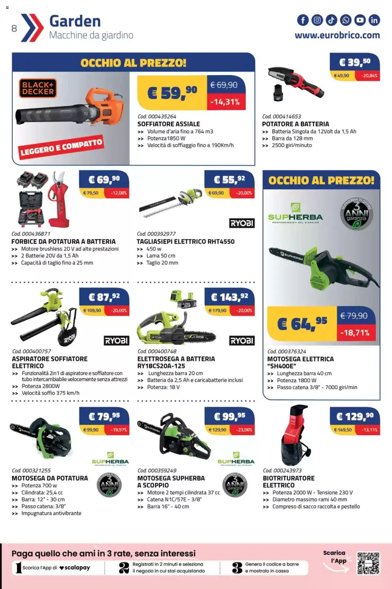 Volantino Eurobrico del 09.10.2025 | Pagina: 8 | Prodotti: Tagliasiepi, Forbice, Batteria, Batterie