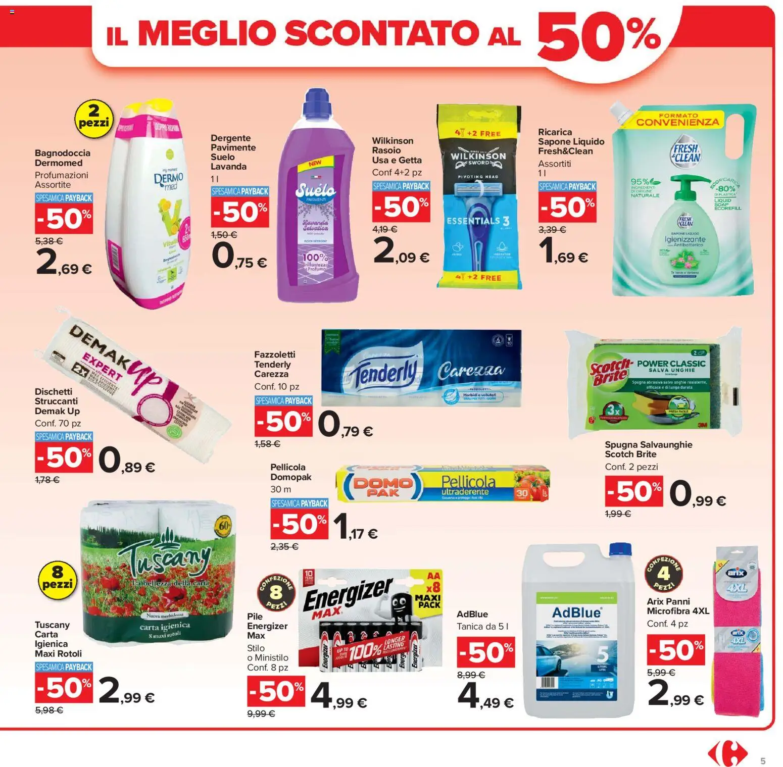 Volantino Carrefour del 07.04.2026 | Pagina: 5 | Prodotti: Pile, Sapone, Pellicola, Profumo