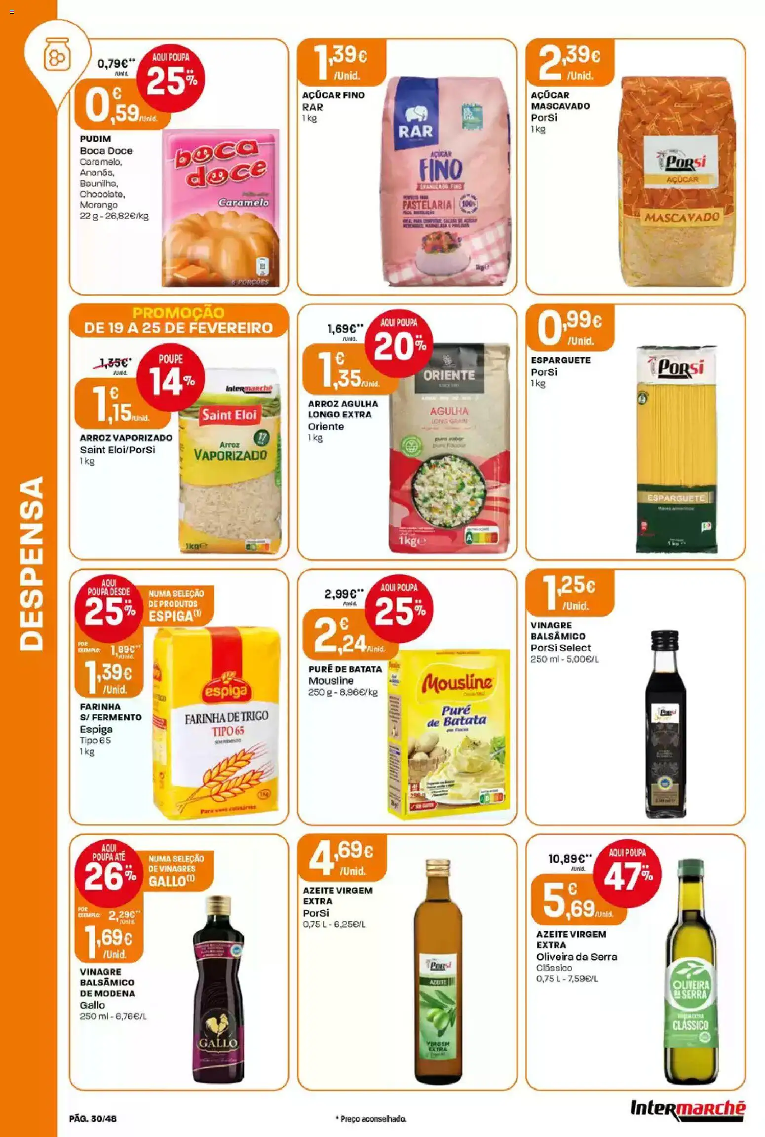 Intermarché folheto │ válido de 19.02.2026 | Página: 30 | Produtos: Esparguete, Azeite, Farinha de trigo, Açúcar