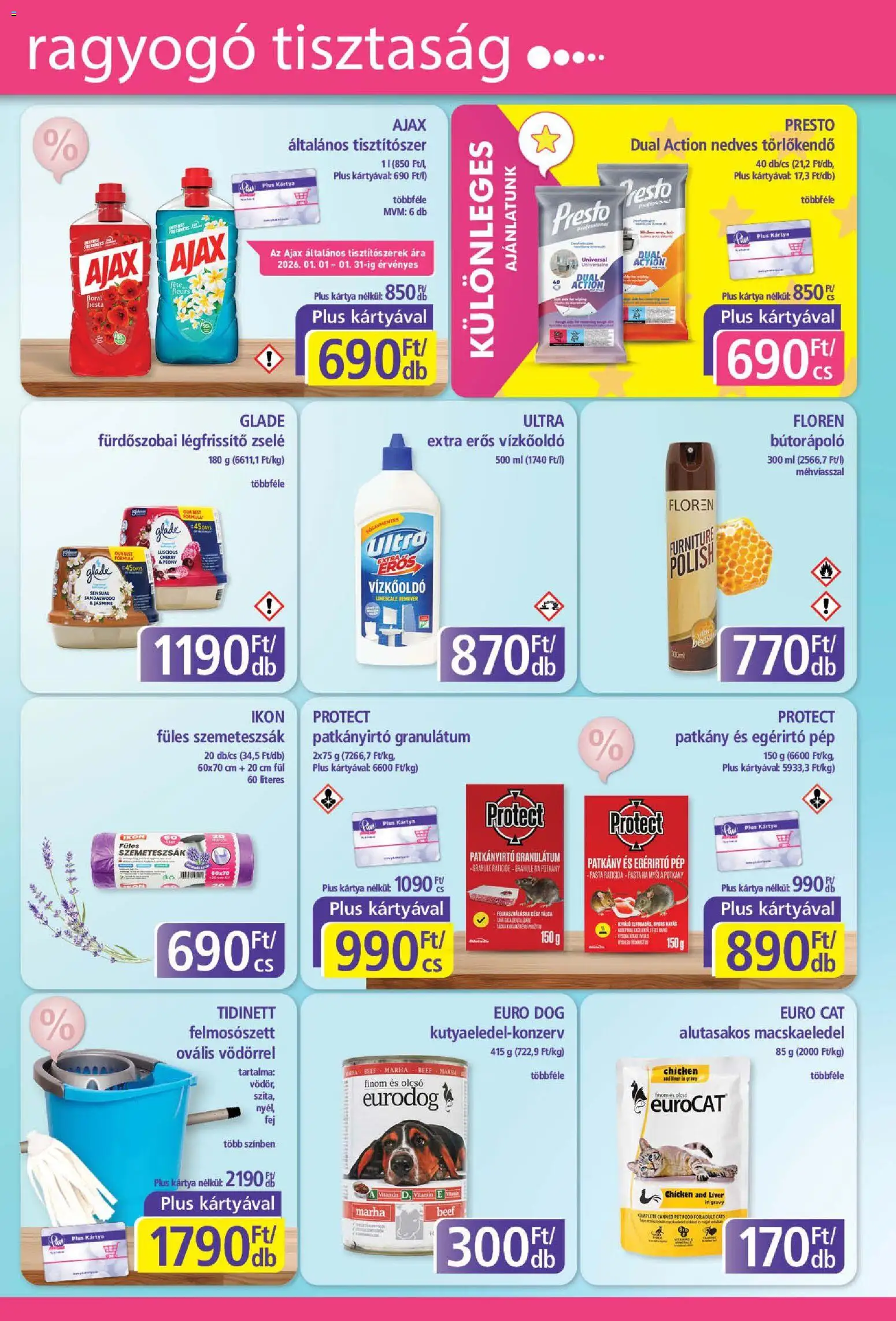 Plus Market akciós ujság - amely érvényes a következő dátumtól: 22.01.2026 | Oldal: 3 | Termékek: Macskaeledel, Vízkőoldó, Légfrissítő, Nedves törlőkendő