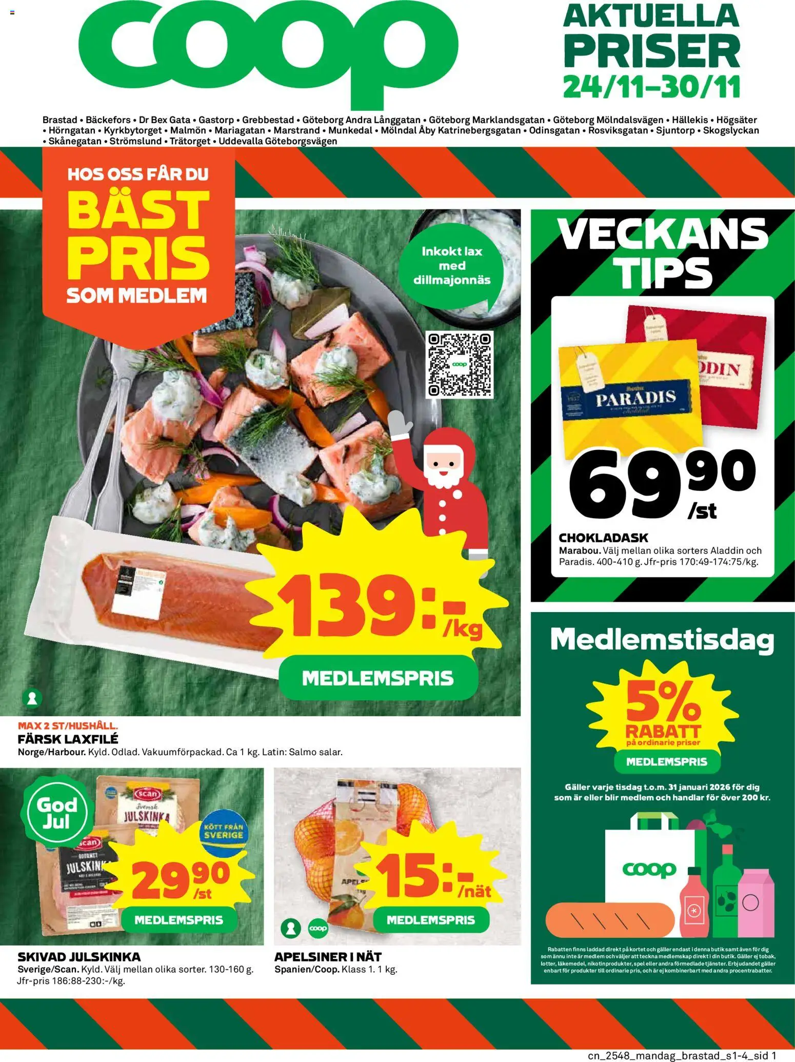 Coop reklamblad aktuell från 24.11.2025 | Sida: 1 | Produkter: Galler, Lax, Apelsiner, Spel