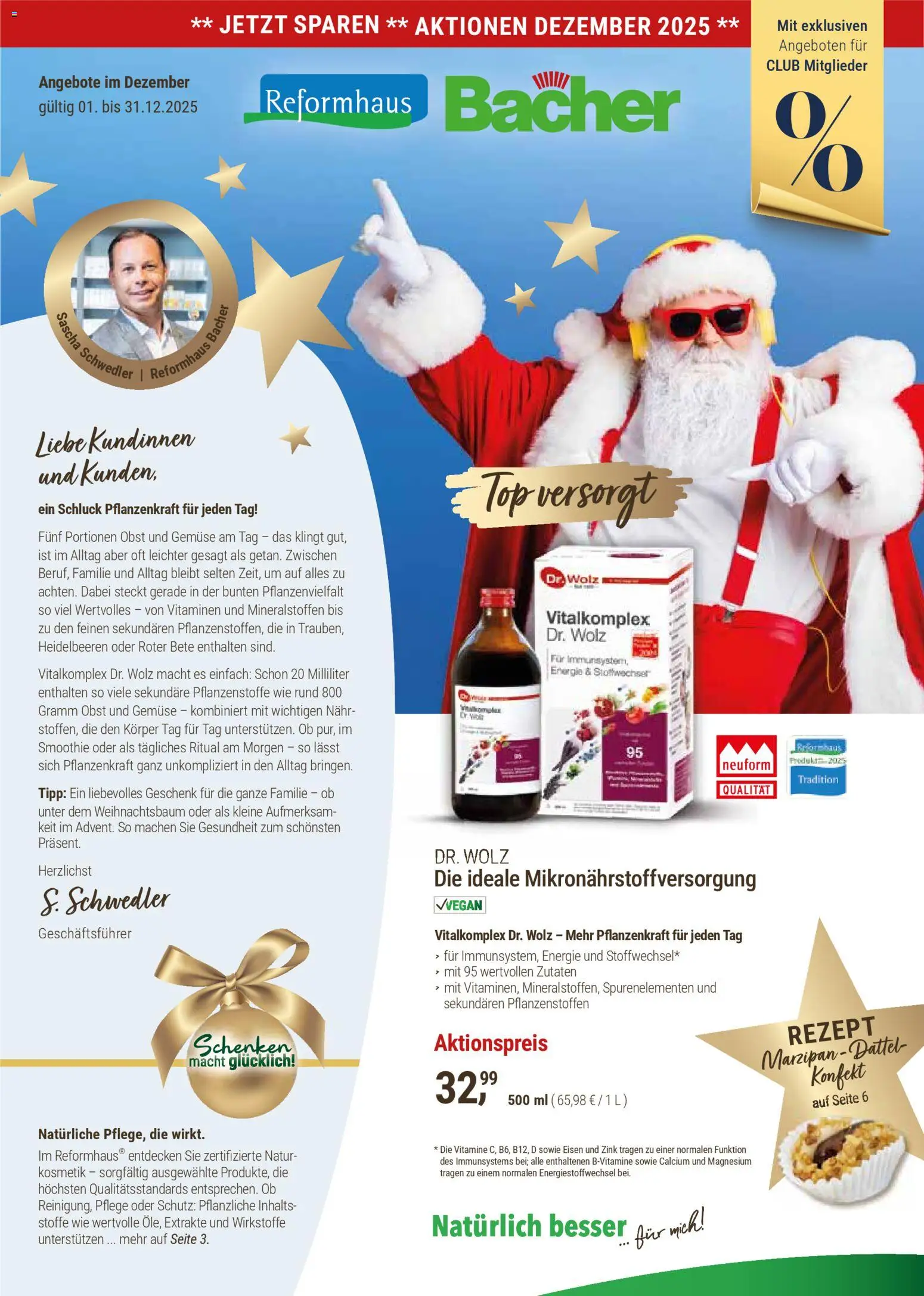 Reformhaus Bacher Prospekt 	 – gültig ab 01.12.2025 | Seite: 1 | Produkte: Top, Heidelbeeren, Obst, Dattel