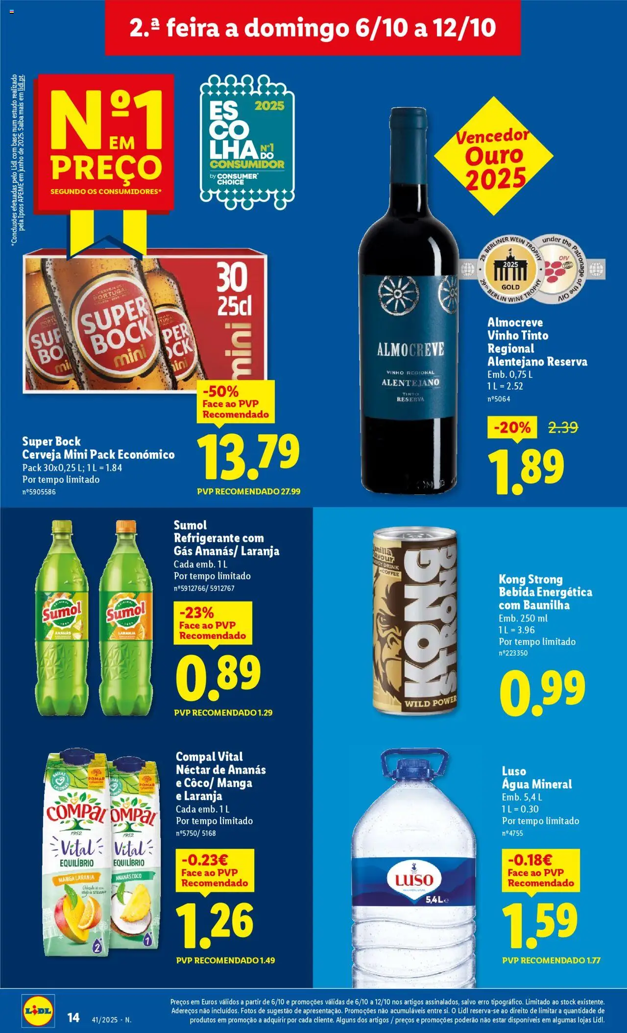 Lidl folheto │ válido de 06.10.2025 | Página: 14 | Produtos: Agua, Base, Cerveja, Vinho tinto