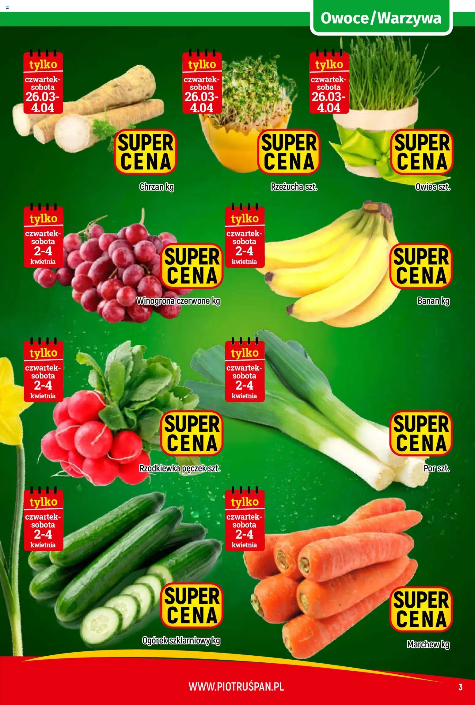 Piotruś Pan gazetka od 26.03.2026 | Strona: 3 | Produkty: Rzeżucha, Por, Banan, Ogórek szklarniowy