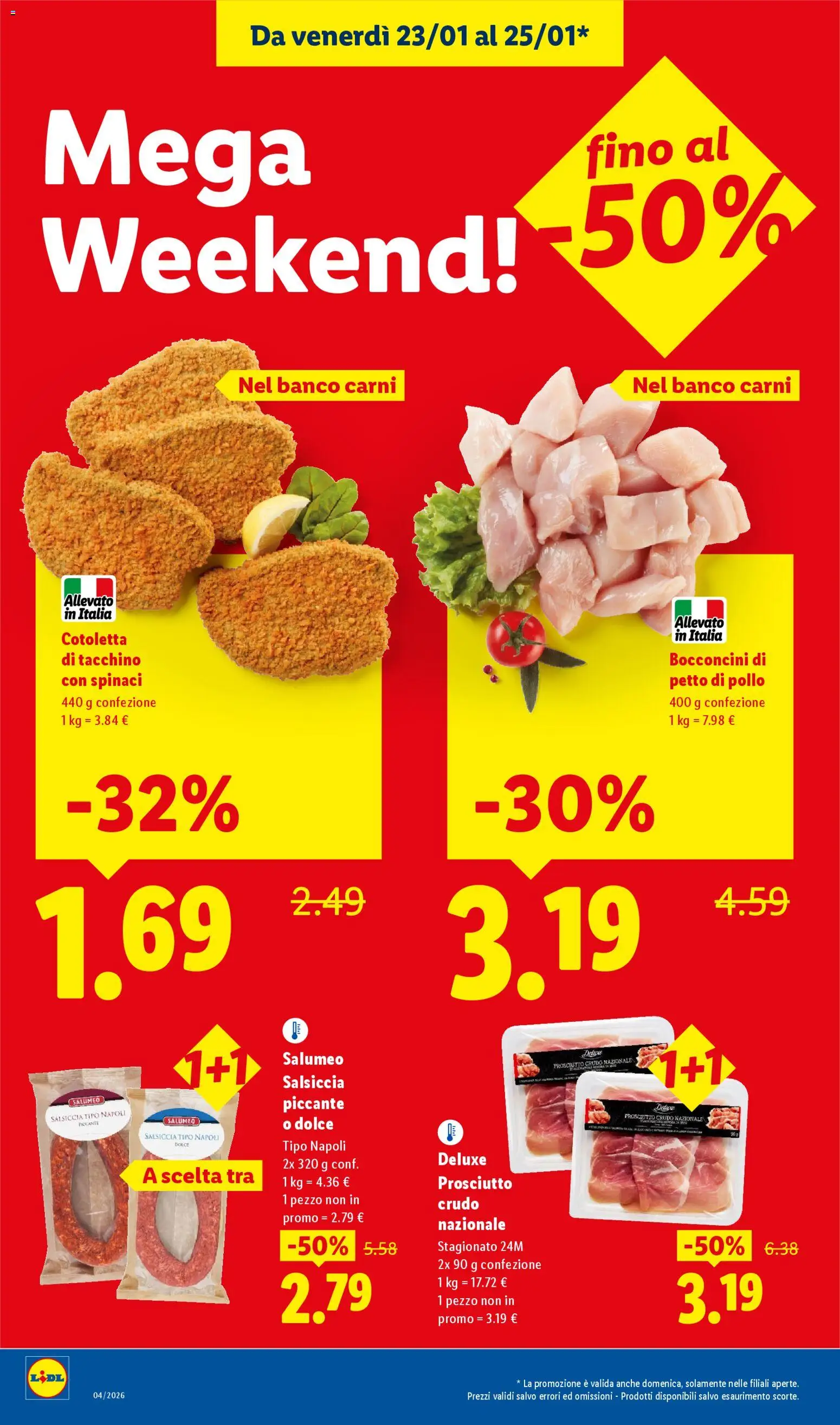 Volantino Lidl del 23.01.2026 | Pagina: 2 | Prodotti: Petto di Pollo, Prosciutto Crudo, Pollo, Salsiccia
