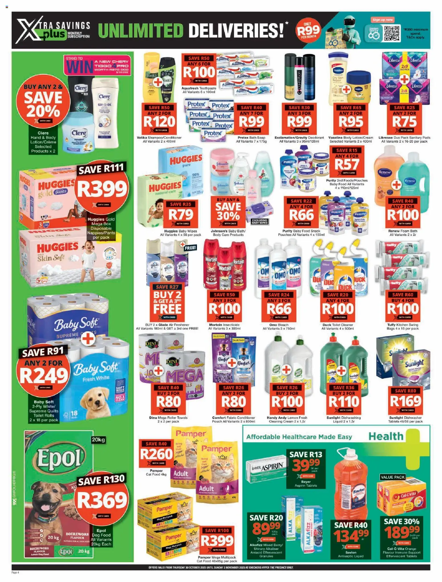 New Checkers catalogue – valid from 30.10.2025 | Page: 4 | Products: Toilet, Pads, Air freshener, Cream
