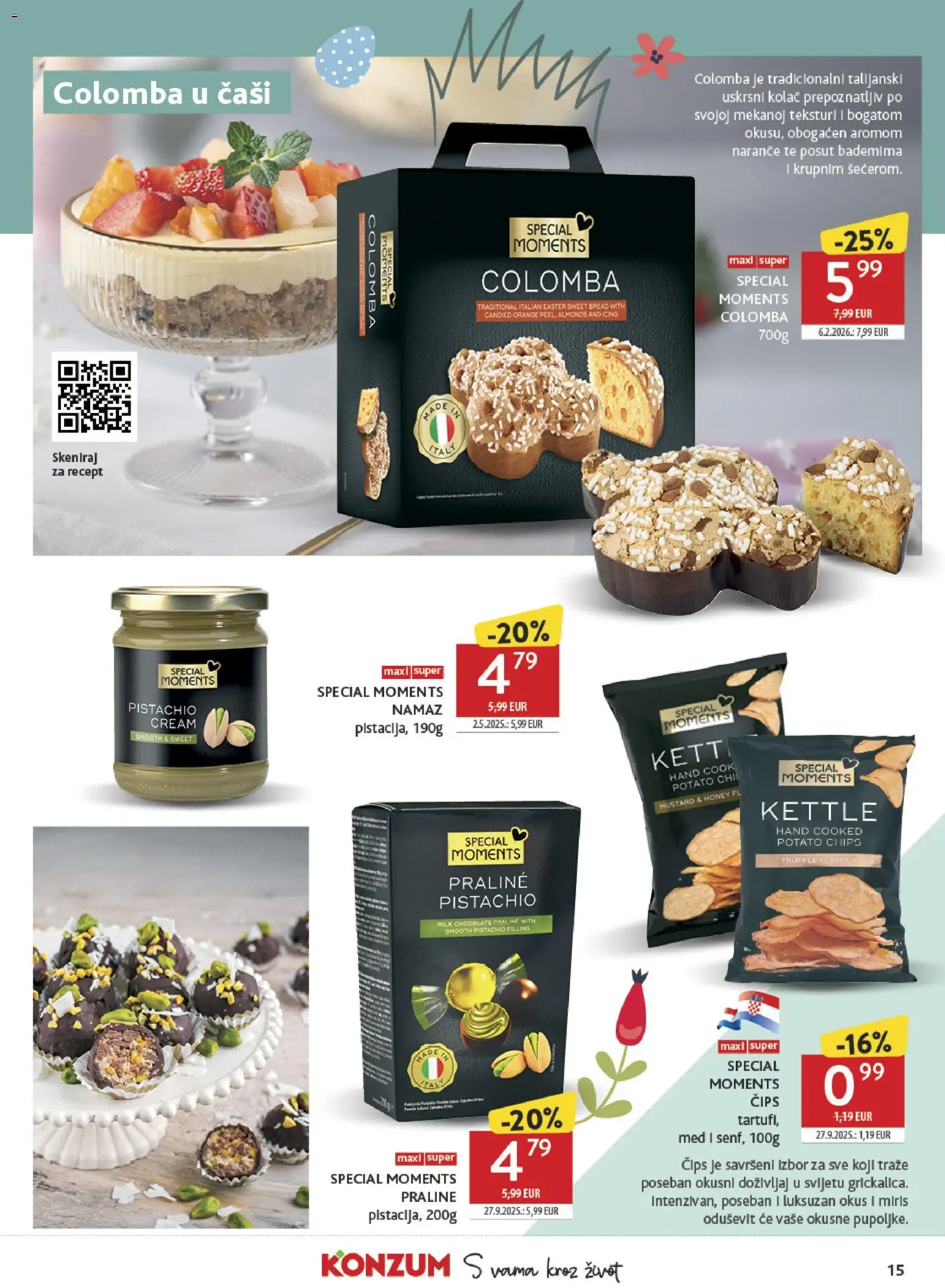 Konzum katalog | vrijedi od 11.03.2026 | Stranica: 15 | Proizvodi: Praline, Med, Naranče, Namaz