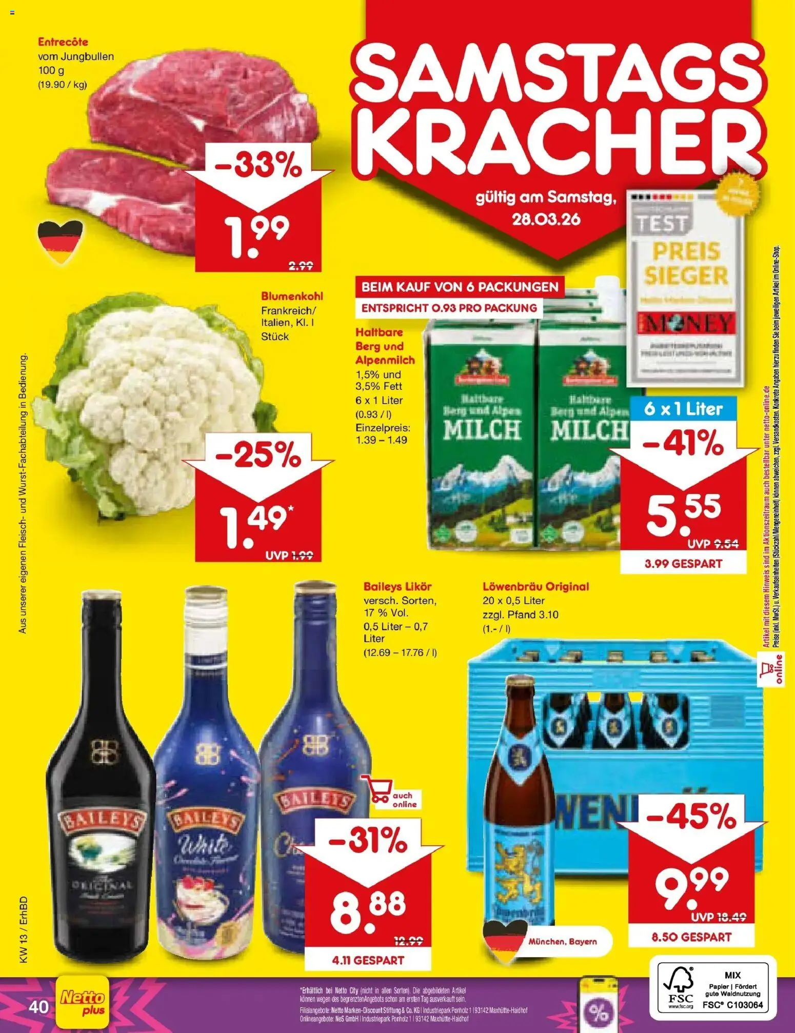Netto Marken-Discount Prospekt Ergolding	 – gültig ab 23.03.2026 | Seite: 56 | Produkte: Likör, Entrecote, Baileys, Blumenkohl