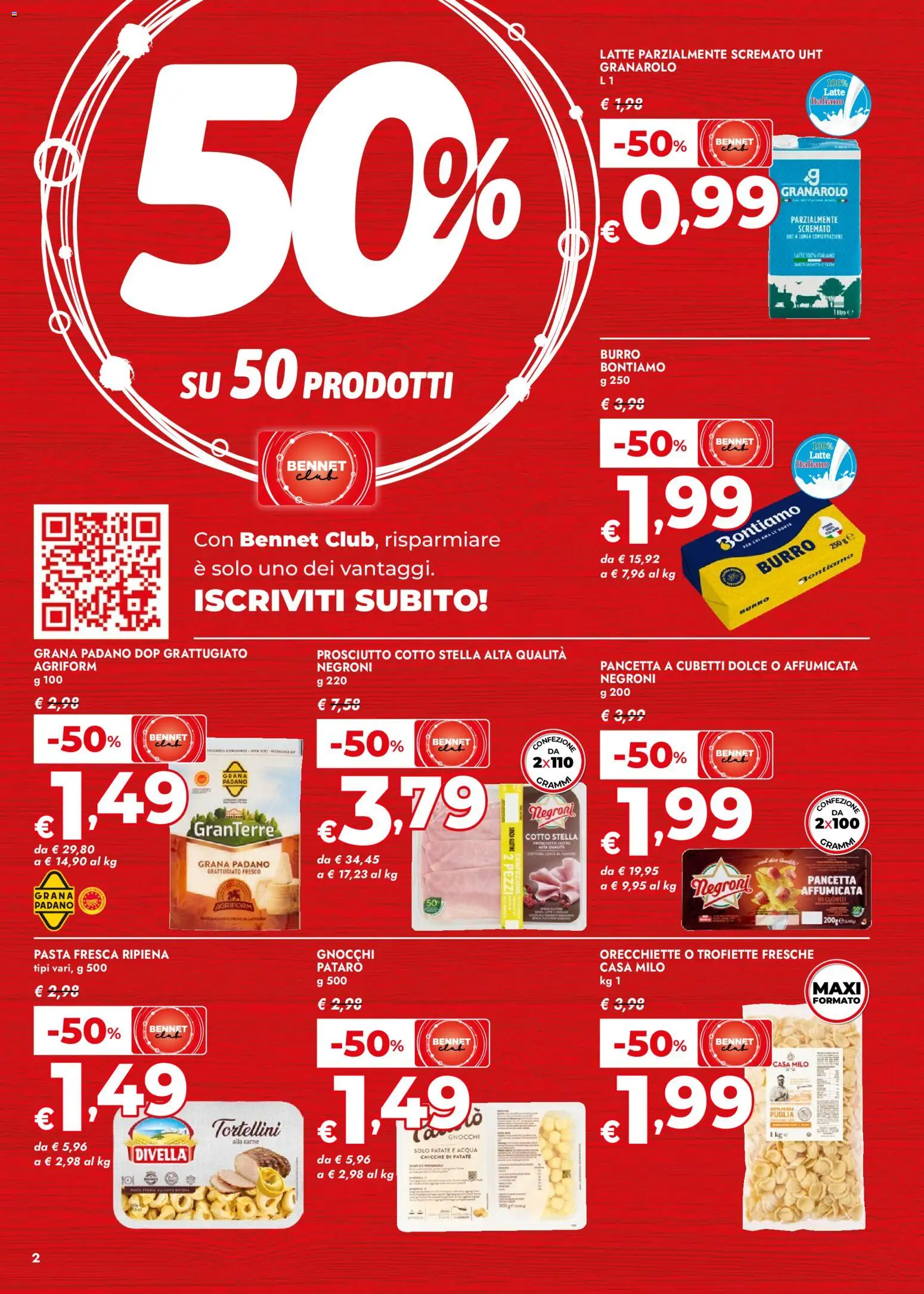 Volantino bennet del 07.04.2026 | Pagina: 2 | Prodotti: Prosciutto Cotto, Pancetta, Latte, Prosciutto