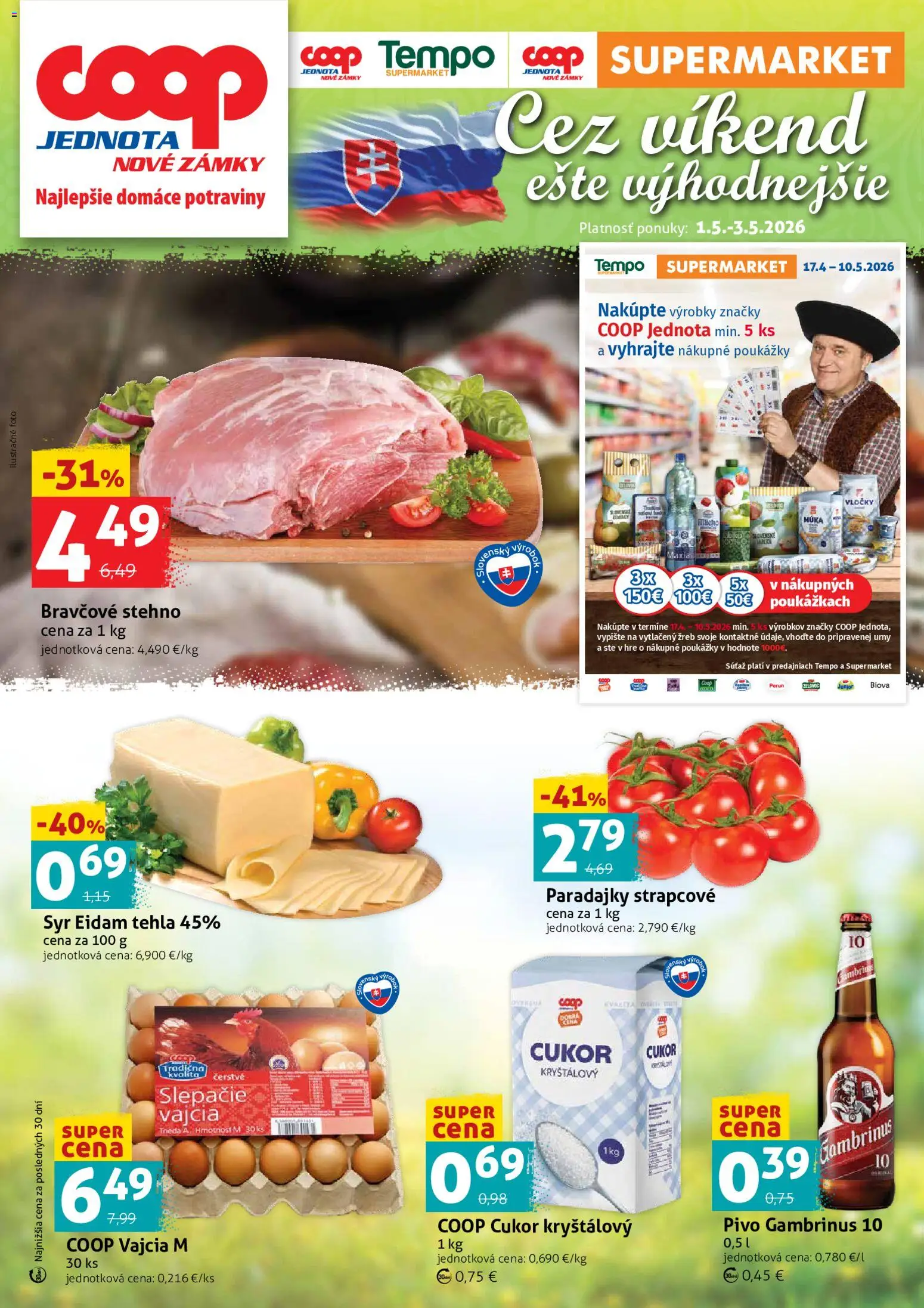 Nové COOP Jednota akcie – leták je platný od 01.05.2026 | Strana: 1 | Produkty: Syr, Bravčové stehno, Cukor, Gambrinus