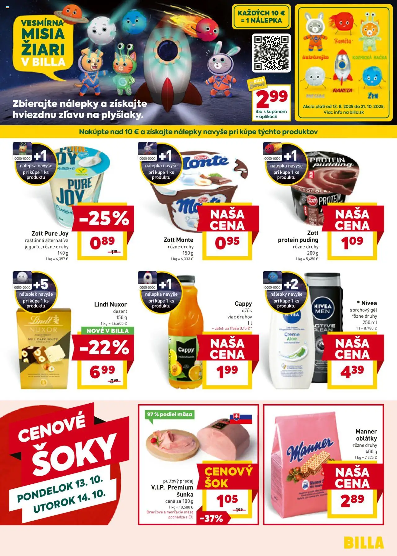 Nové Billa akcie – leták je platný od 08.10.2025 | Strana: 15 | Produkty: Šunka, Protein, Lindt, Puding