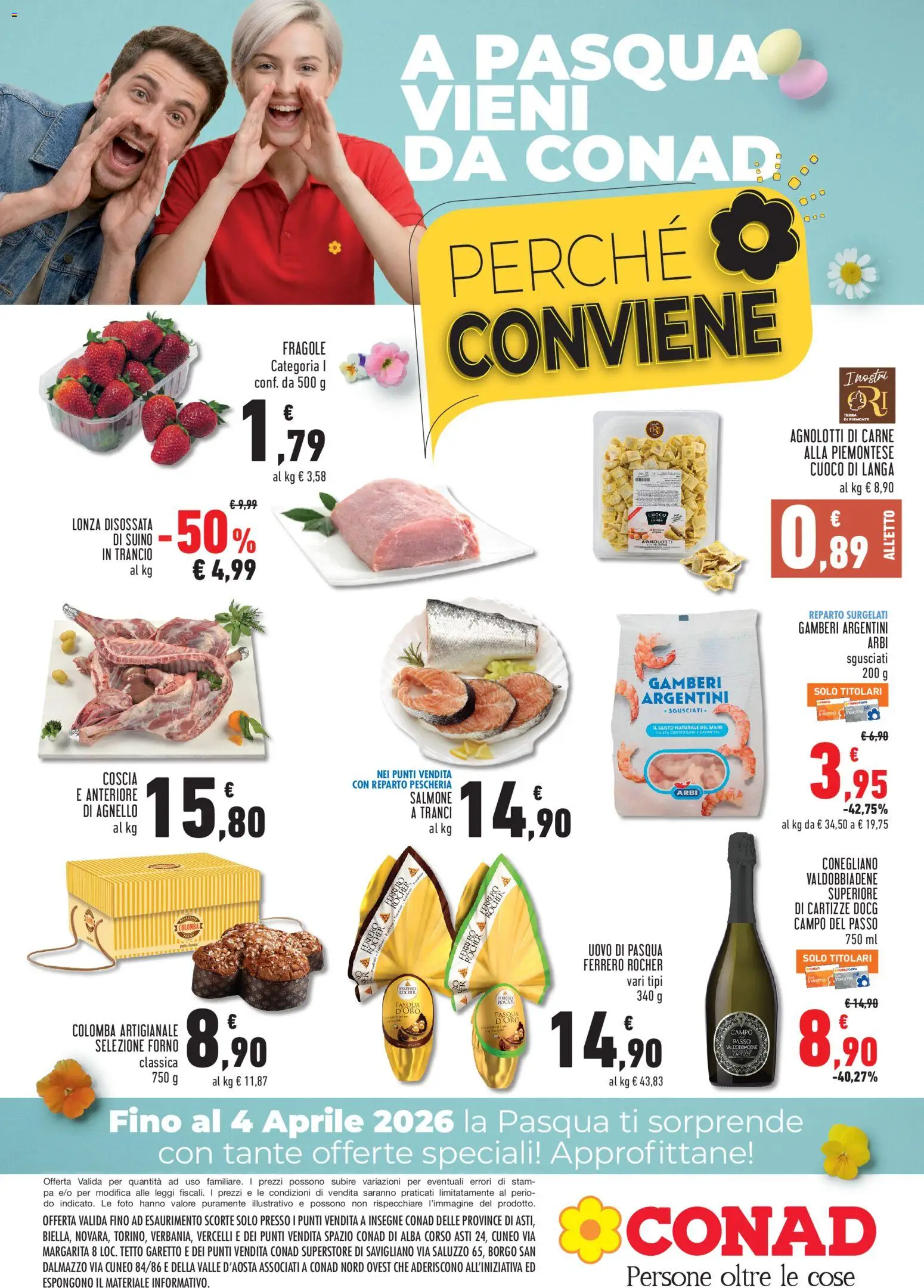 Volantino Conad del 01.04.2026 | Pagina: 1 | Prodotti: Gamberi, Suino, Forno, Agnello
