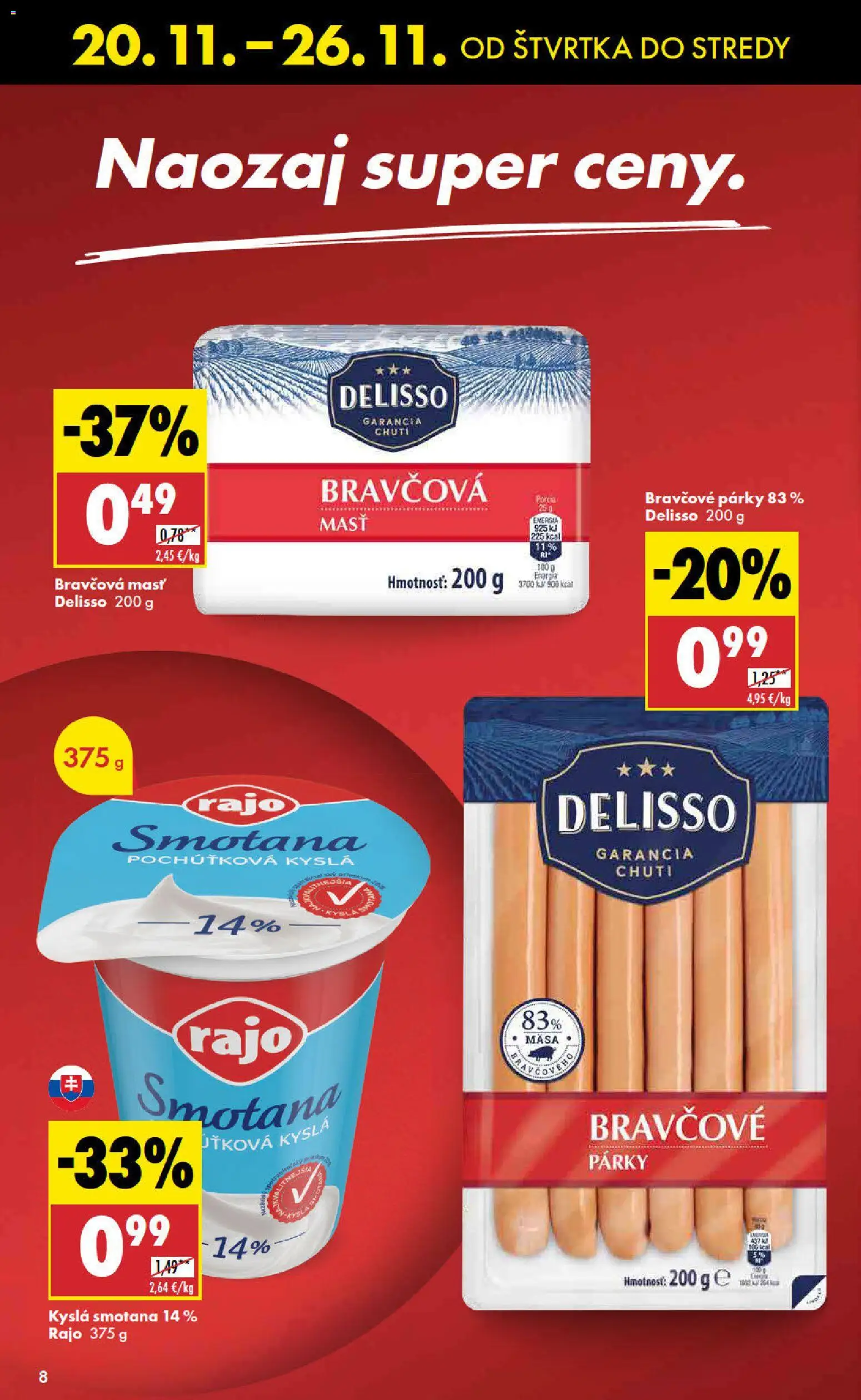 Nové Biedronka akcie – leták je platný od 20.11.2025 | Strana: 8 | Produkty: Smotana, Párky