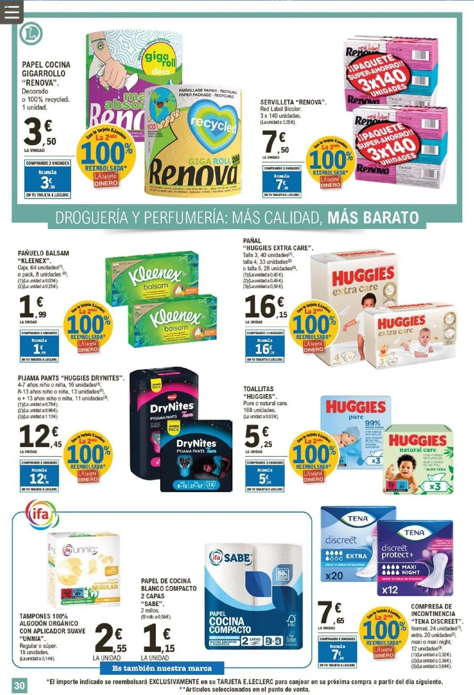 E.Leclerc folleto │ válido desde el 05.11.2025 | Página: 30 | Productos: Pañuelo, Tampones, Pijama, Cocina