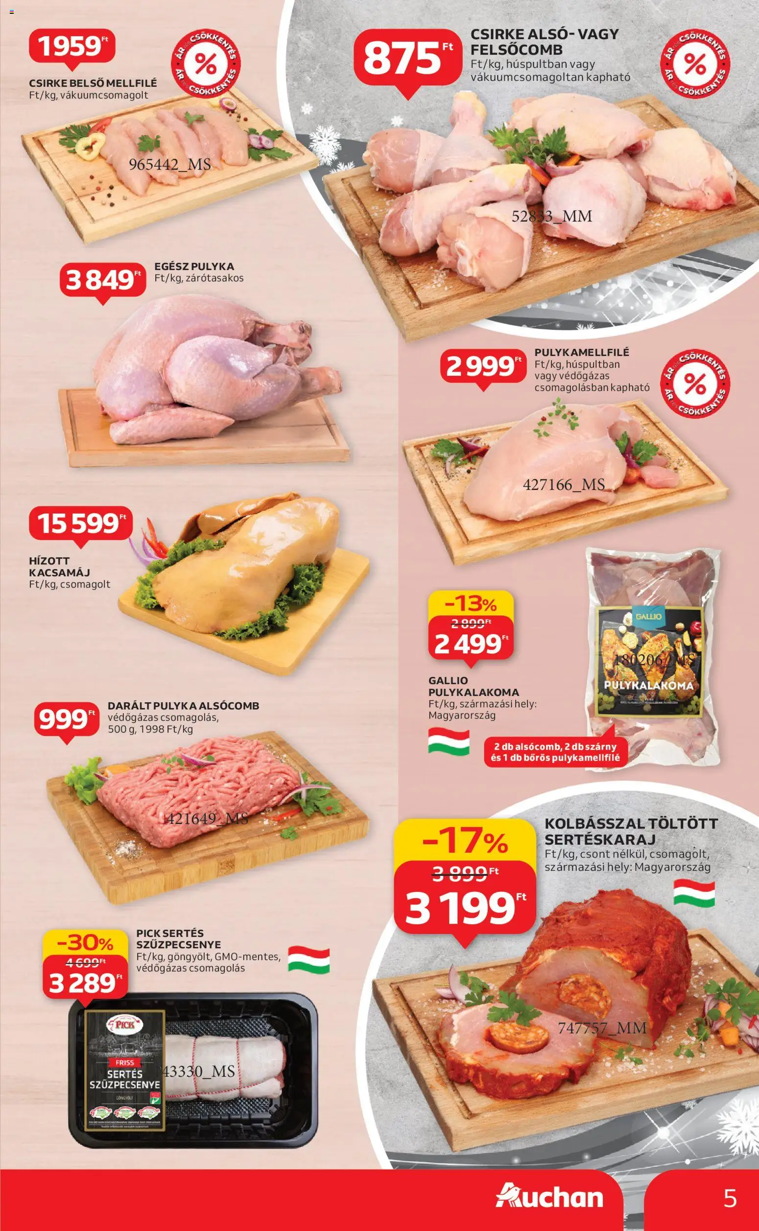 Auchan akciós ujság - amely érvényes a következő dátumtól: 18.12.2025 | Oldal: 5 | Termékek: Kacsamáj, Sertéskaraj, Pick, Pulykamellfilé