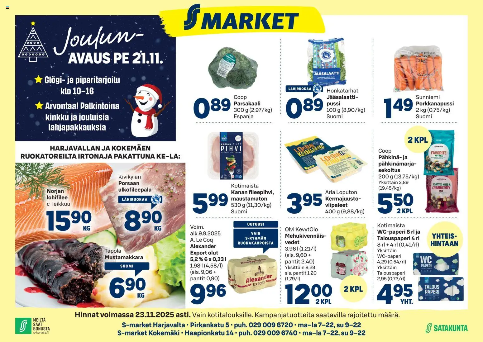 S-market Harjavalta – voimassa 19.11.2025 alkaen | Sivu: 1 | Tuotteet: Wc-paperi, Kermajuusto, Olut, Pihvi