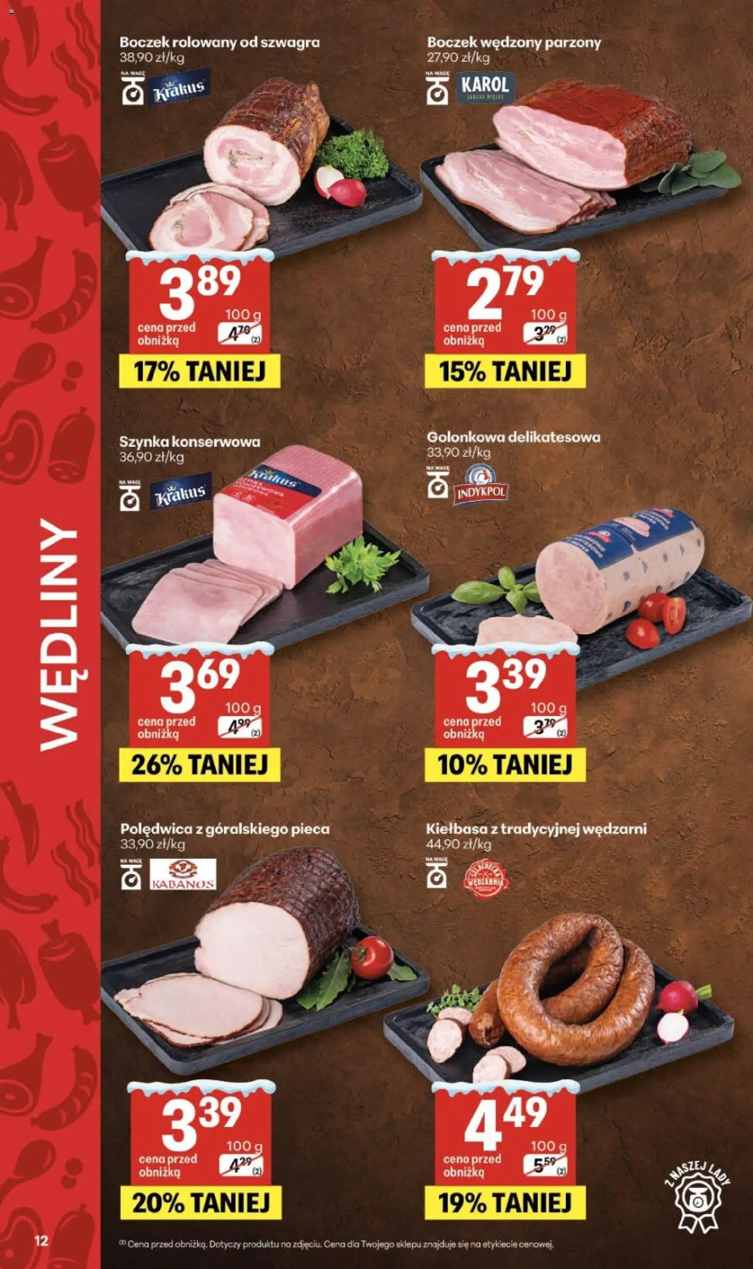 Delikatesy Centrum Gazetka od 08.01.2026 | Strona: 12 | Produkty: Kiełbasa, Szynka, Boczek wędzony, Wędliny