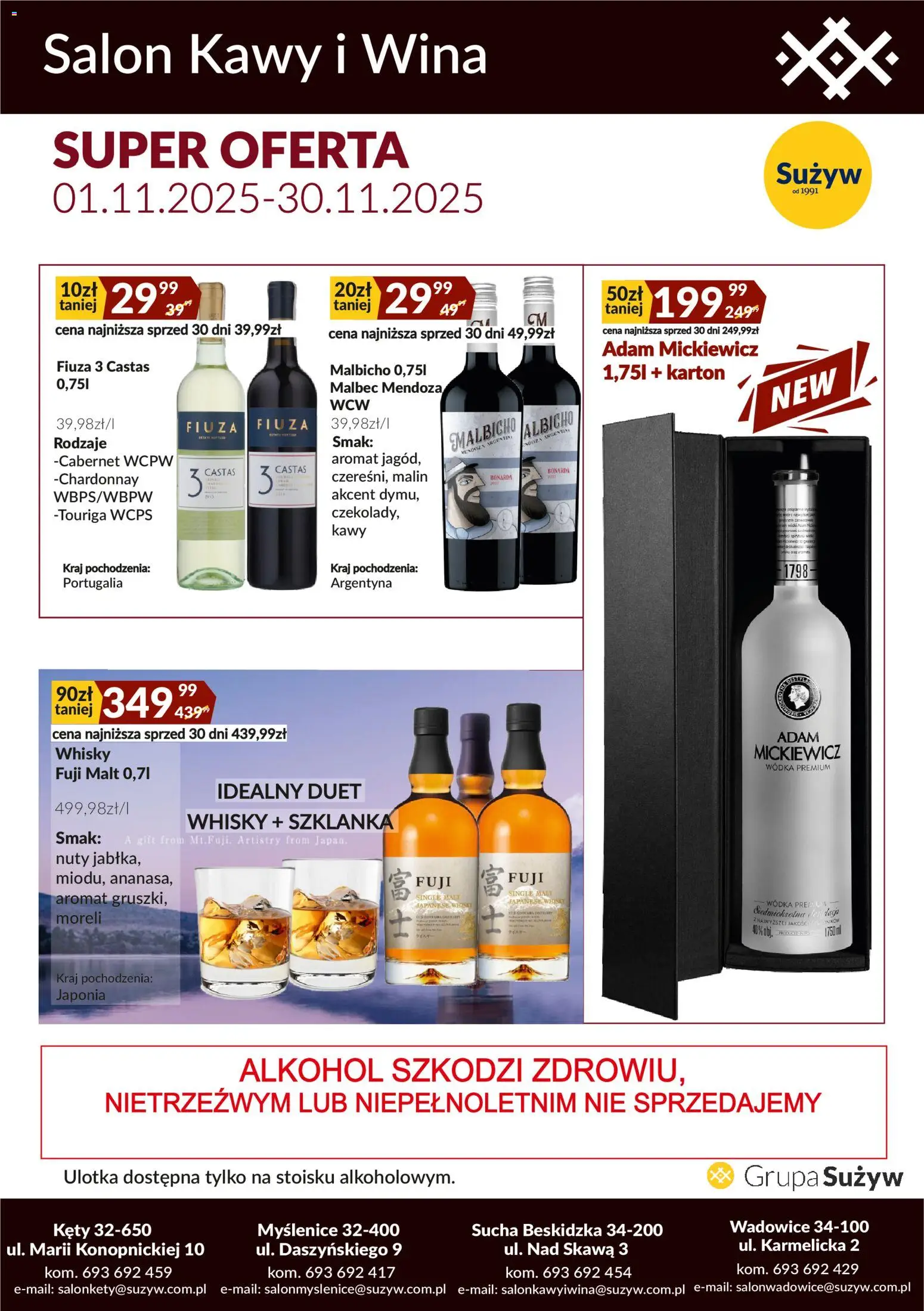 Sużyw Gazetka - Salon kawy i wina od 01.11.2025 | Strona: 1 | Produkty: Szklanka, Chardonnay, Wódka, Whisky