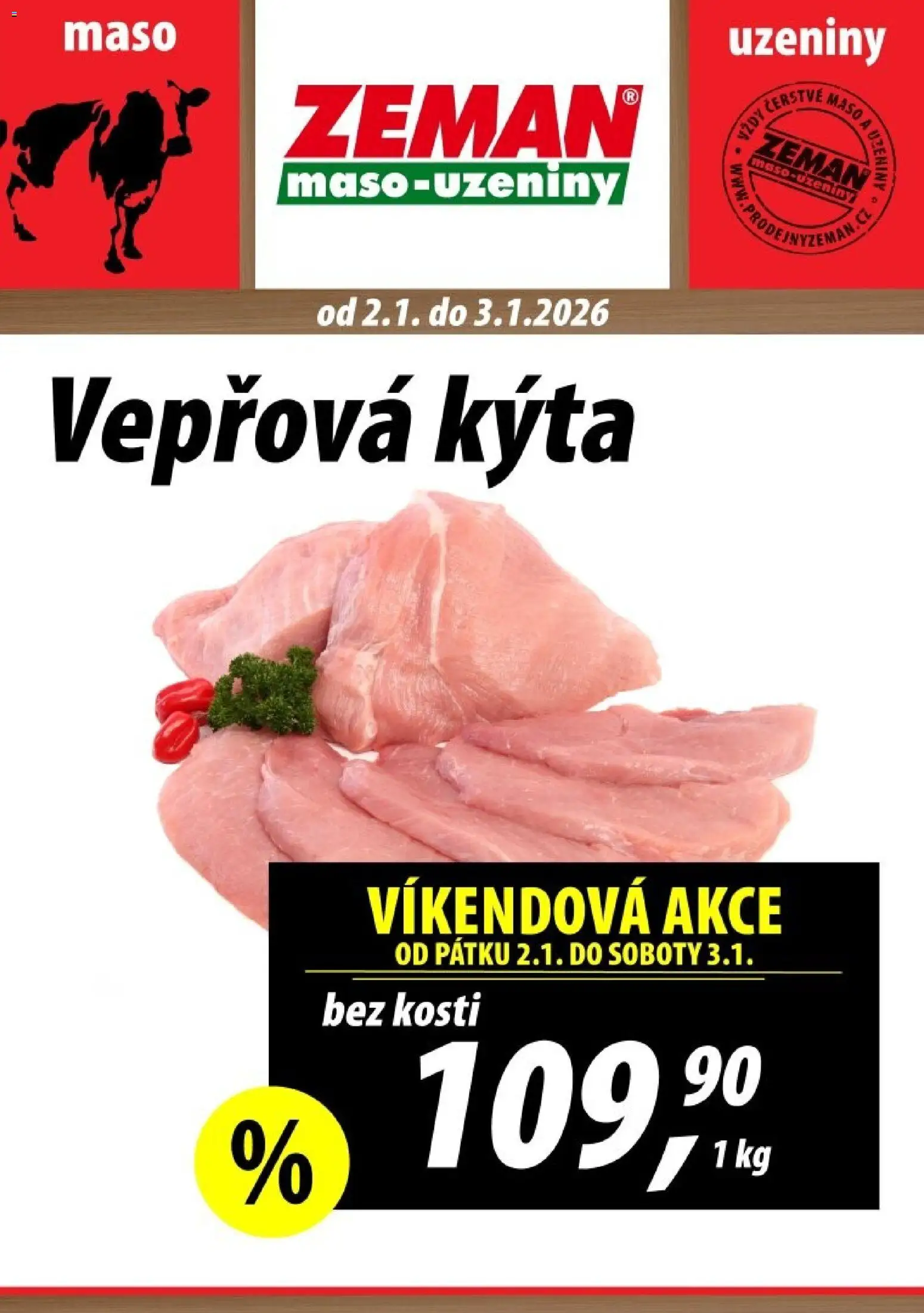 Prodejny Zeman leták - Dačice  od 02.01.2026 | Strana: 1 | Produkty: Uzeniny, Maso, Vepřová Kýta, Kýta