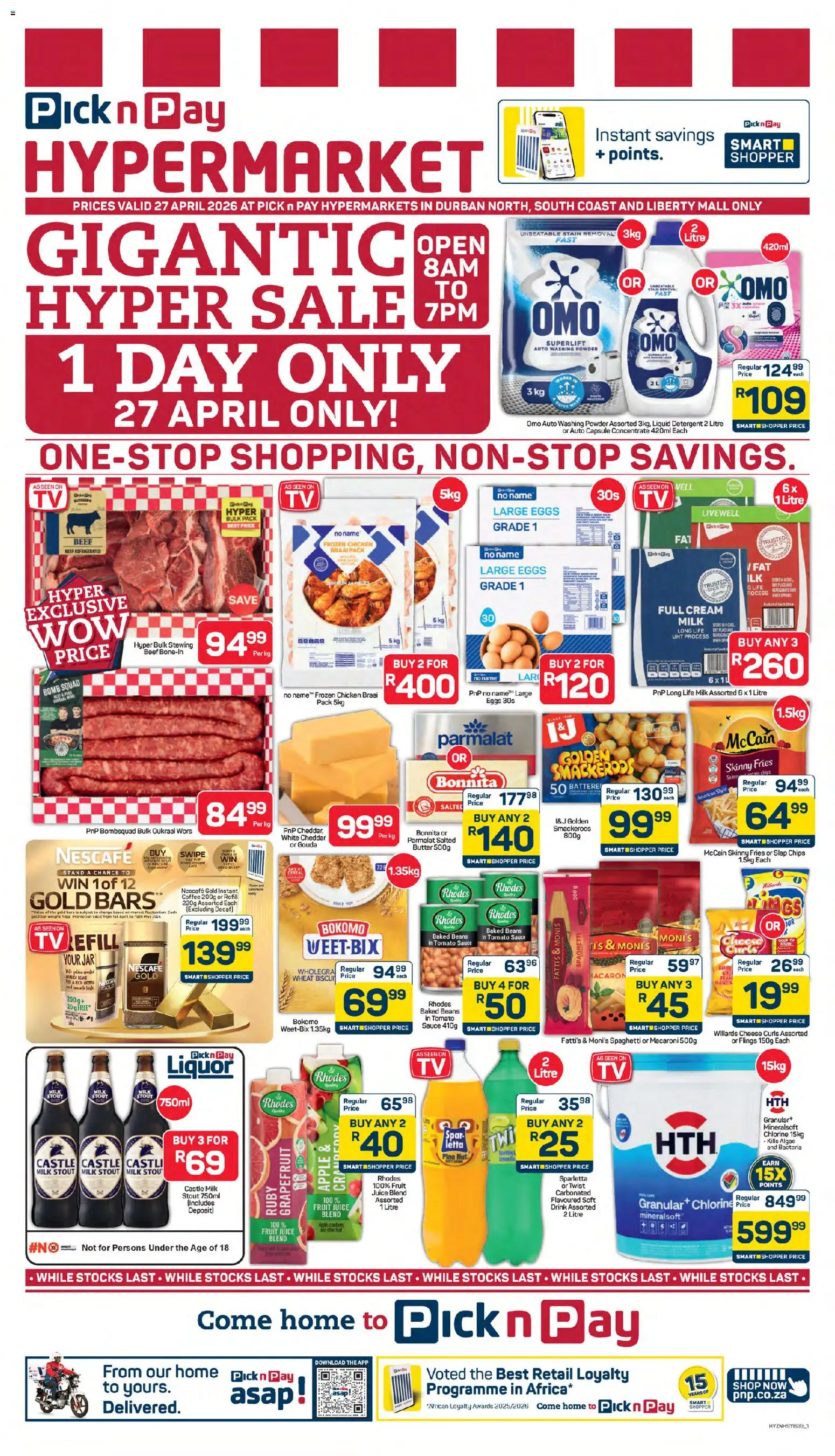New Pick n Pay catalogue – valid from 27.04.2026 | Page: 1 | Products: Milk, Butter, Coffee, Washing powder