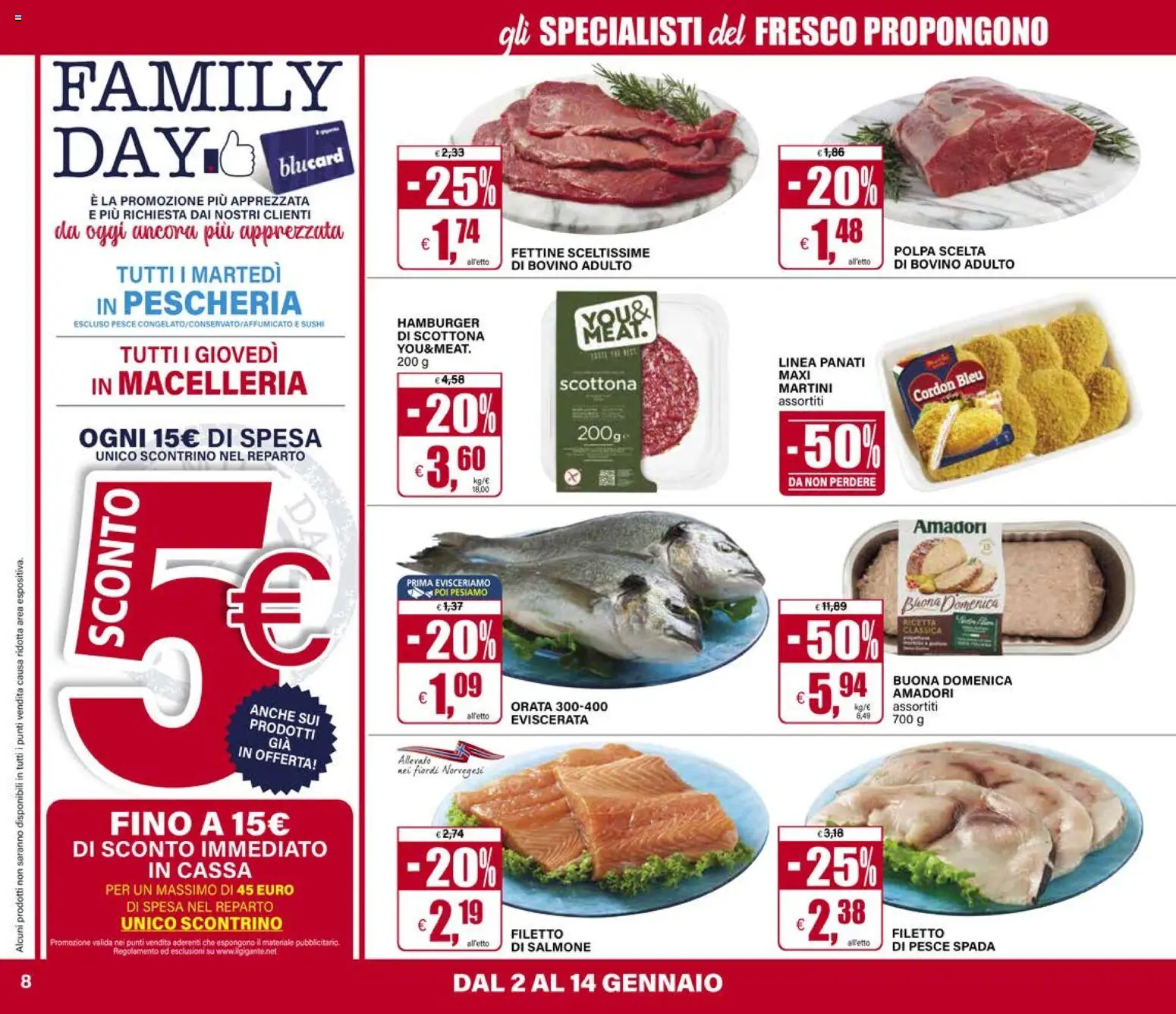 Volantino Il Gigante del 02.01.2026 | Pagina: 8 | Prodotti: Salmone, Orata, Pesce spada, Hamburger