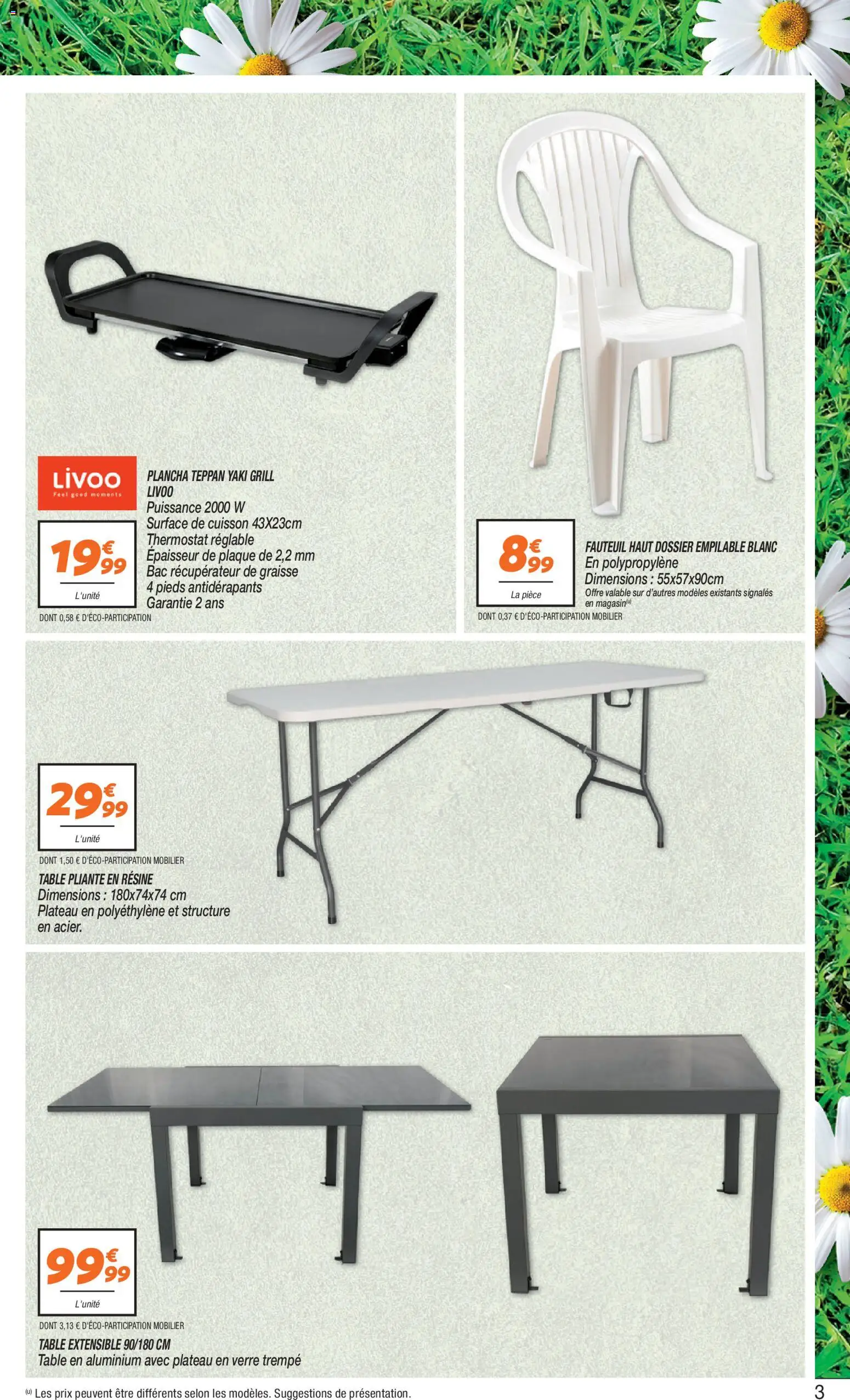 {H1} | Page: 3 | Produits: Plancha, Table extensible, Fauteuil, Table