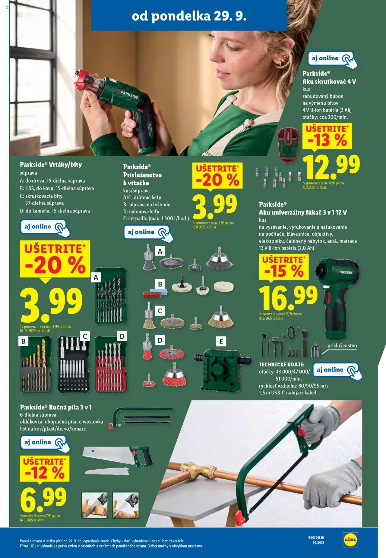 Nové Lidl akcie – leták je platný od 29.09.2025 | Strana: 50 | Produkty: Matrace, Aku skrutkovač, Skrutkovač, Píla